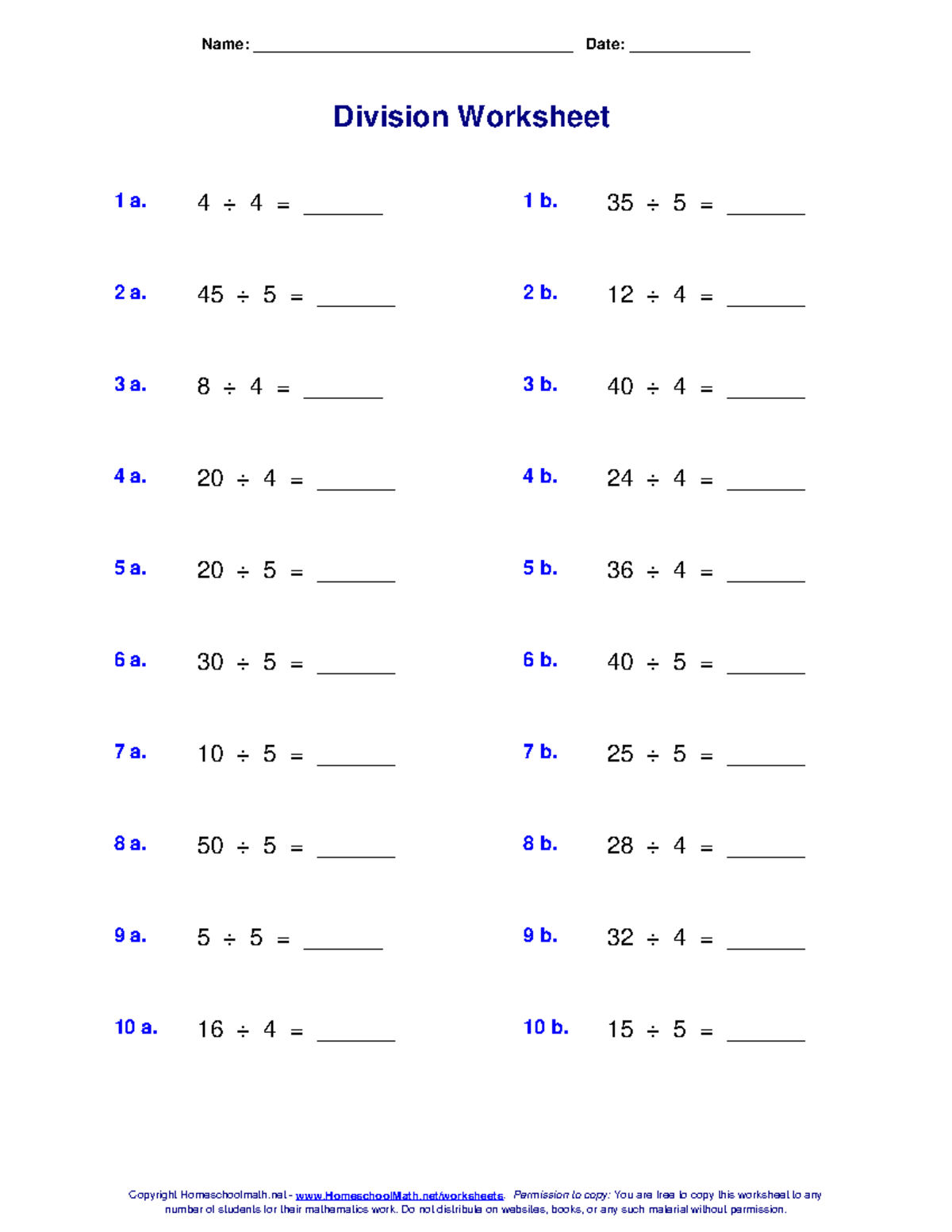 Division Worksheet - Basic Division - Name ...