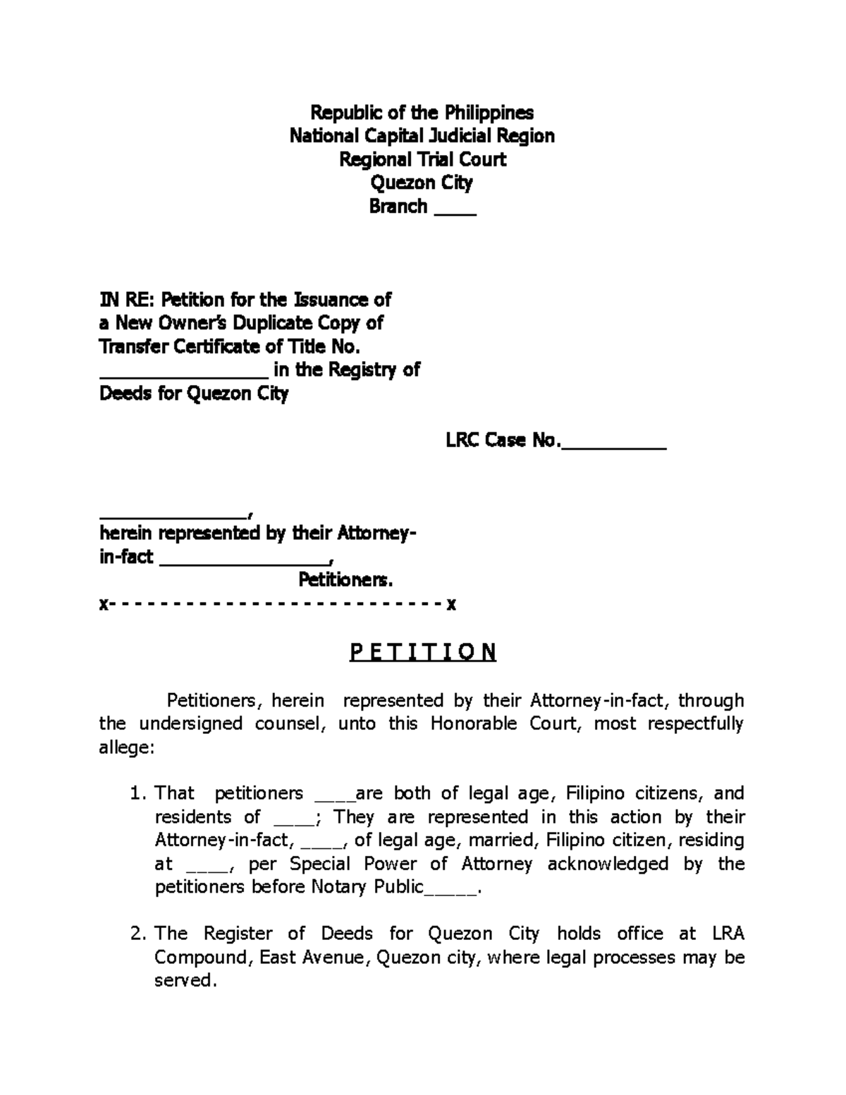 355881897 Sample Petition for Issuance of Lost Tct Od Republic of the