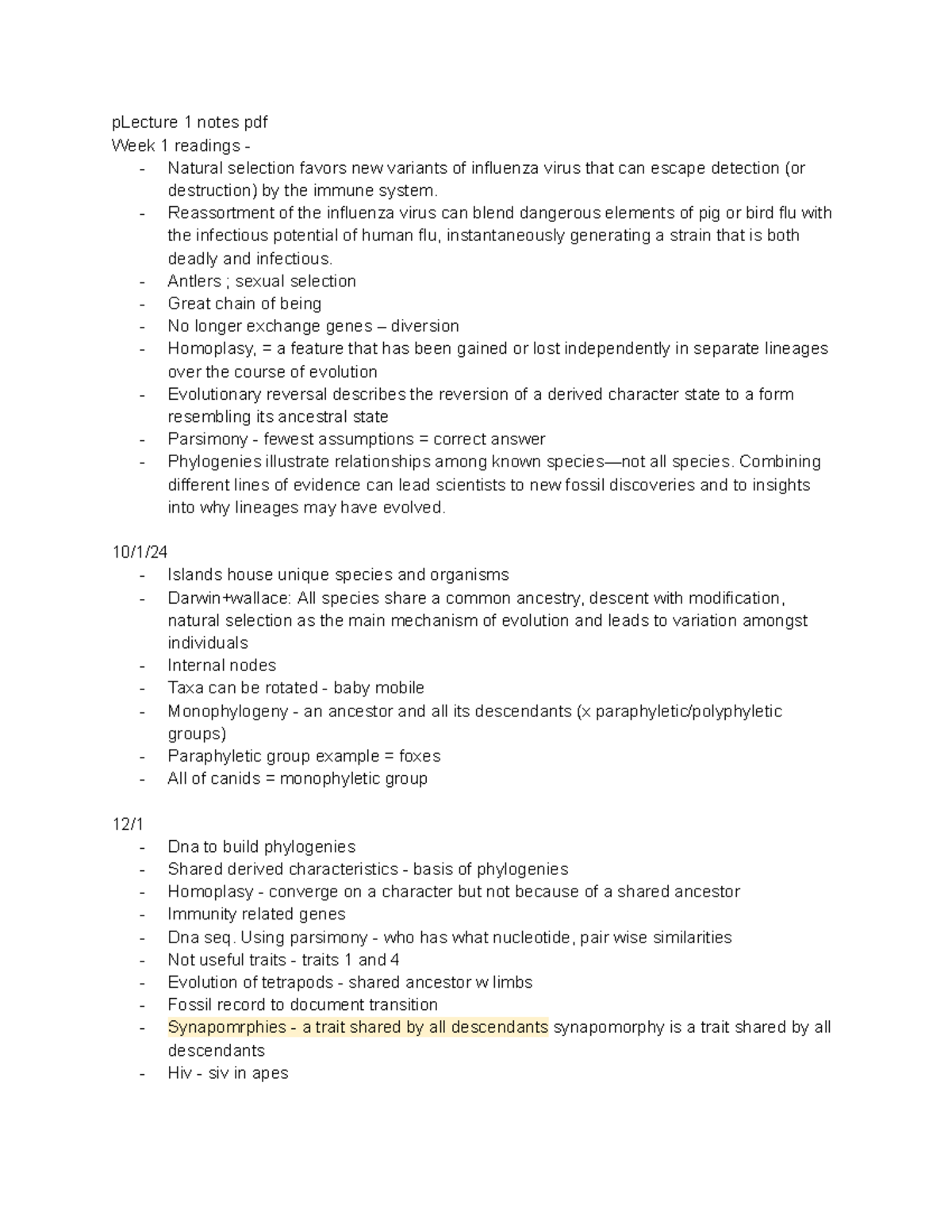 BIOL206 - lecture notes, weeks 1-6 - pLecture 1 notes pdf Week 1 ...