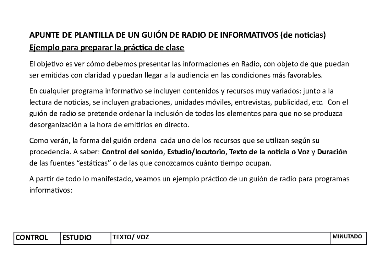 1 - Plantilla DE UN GUIÓN DE Radio DE Informativos 1 - APUNTE DE