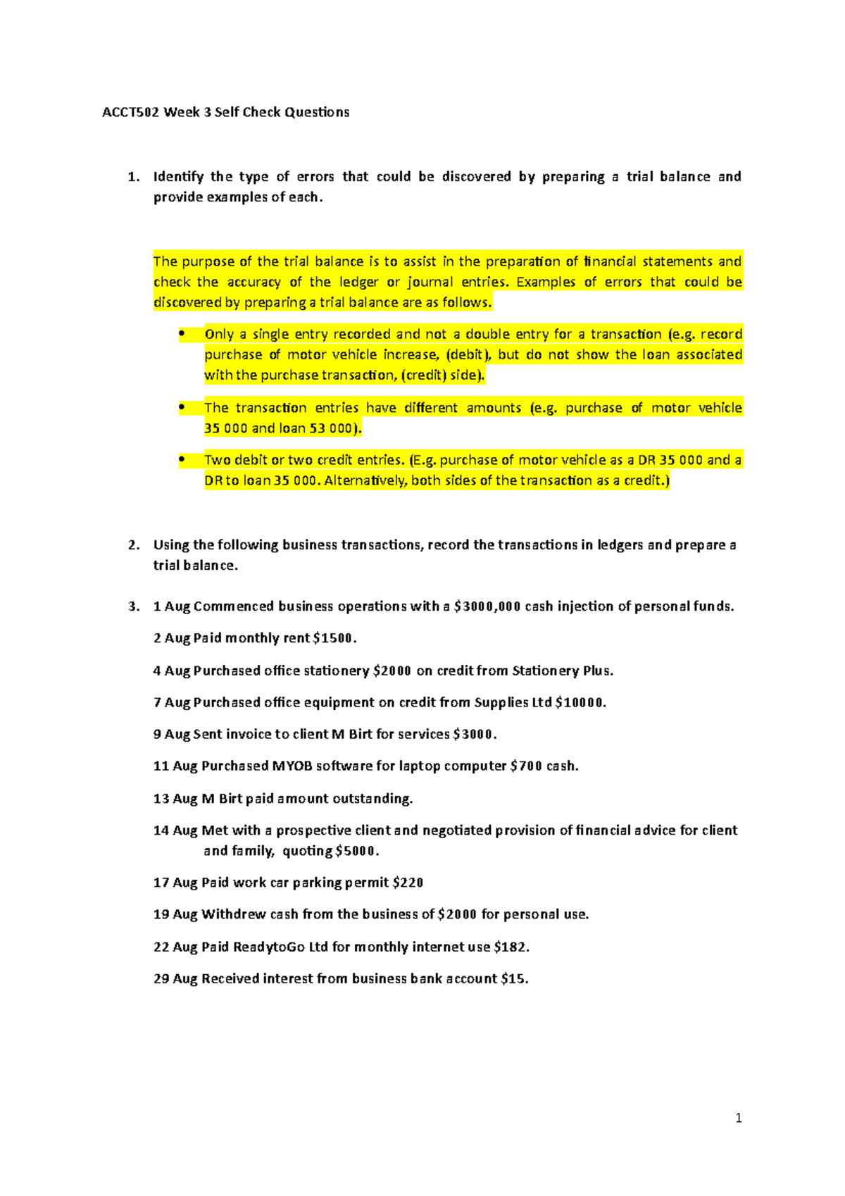 ACCT502 Week 3 Self Check Questions Suggested Solutions - ACCT502 Week ...
