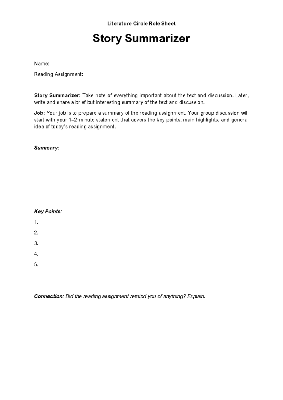 Literature Circle Role Sheet - Story Summarizer Name: Reading ...