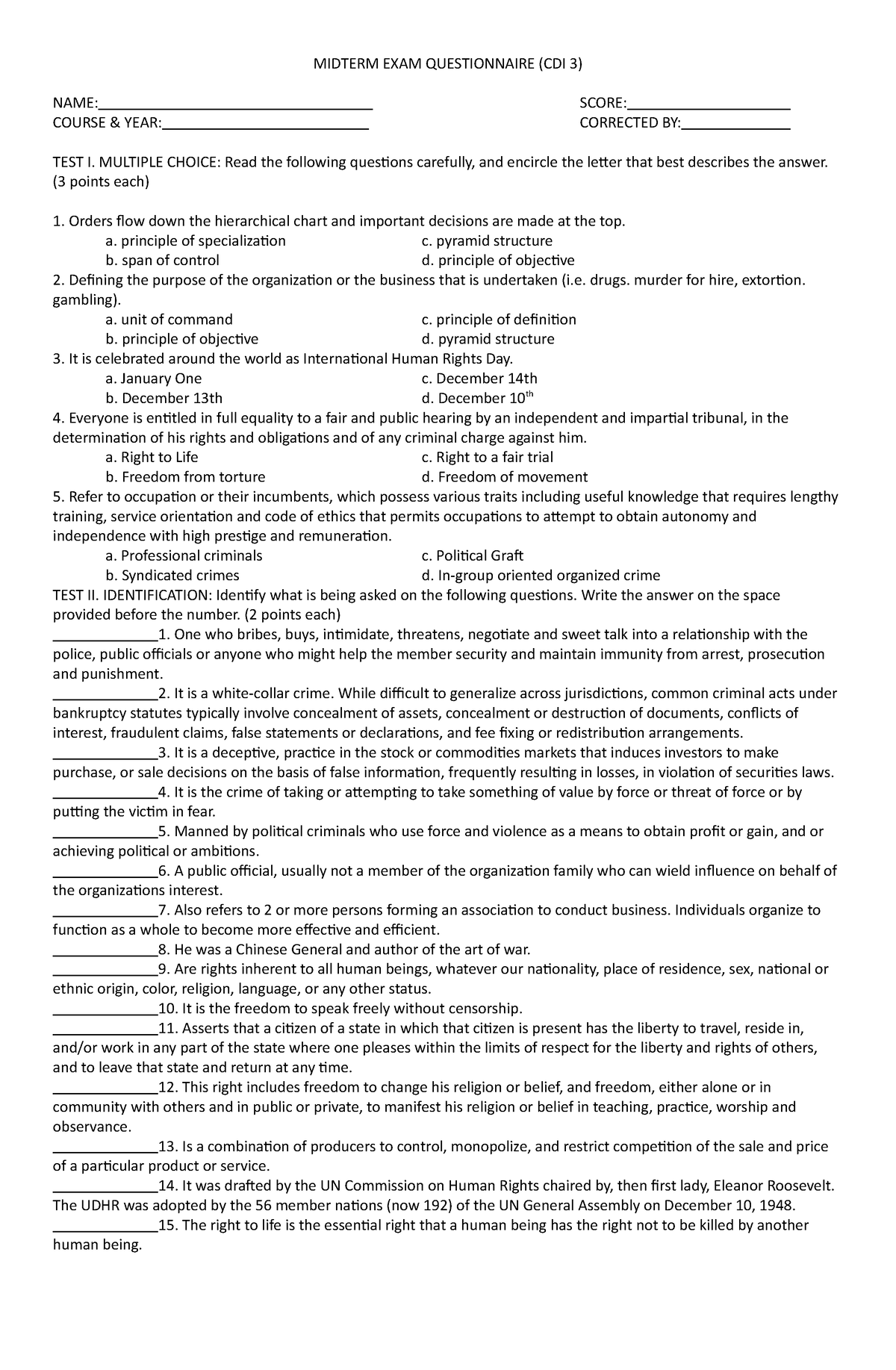 Crime Detection and Investigation 3 EXAM - MIDTERM EXAM QUESTIONNAIRE ...