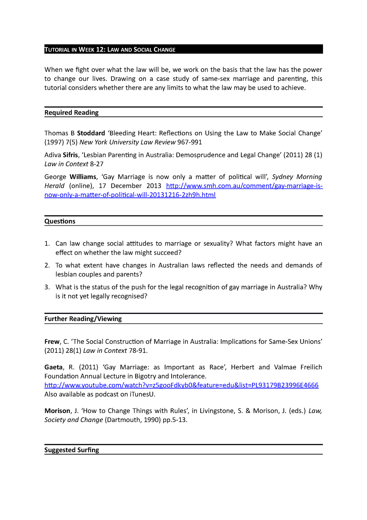 Tutorial In Week 12 Law And Social Change Studocu