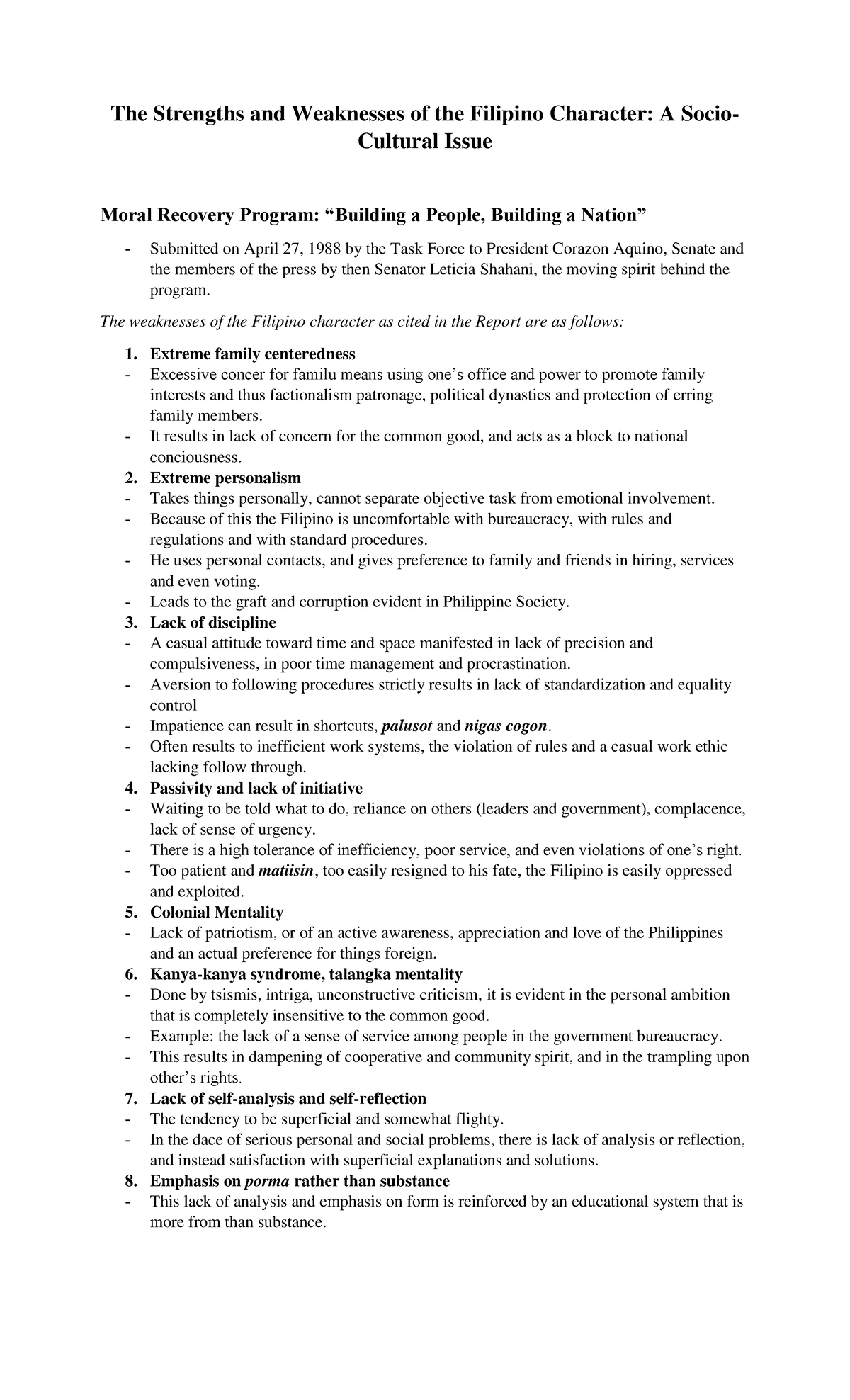 strengths and weaknesses of filipino moral character essay