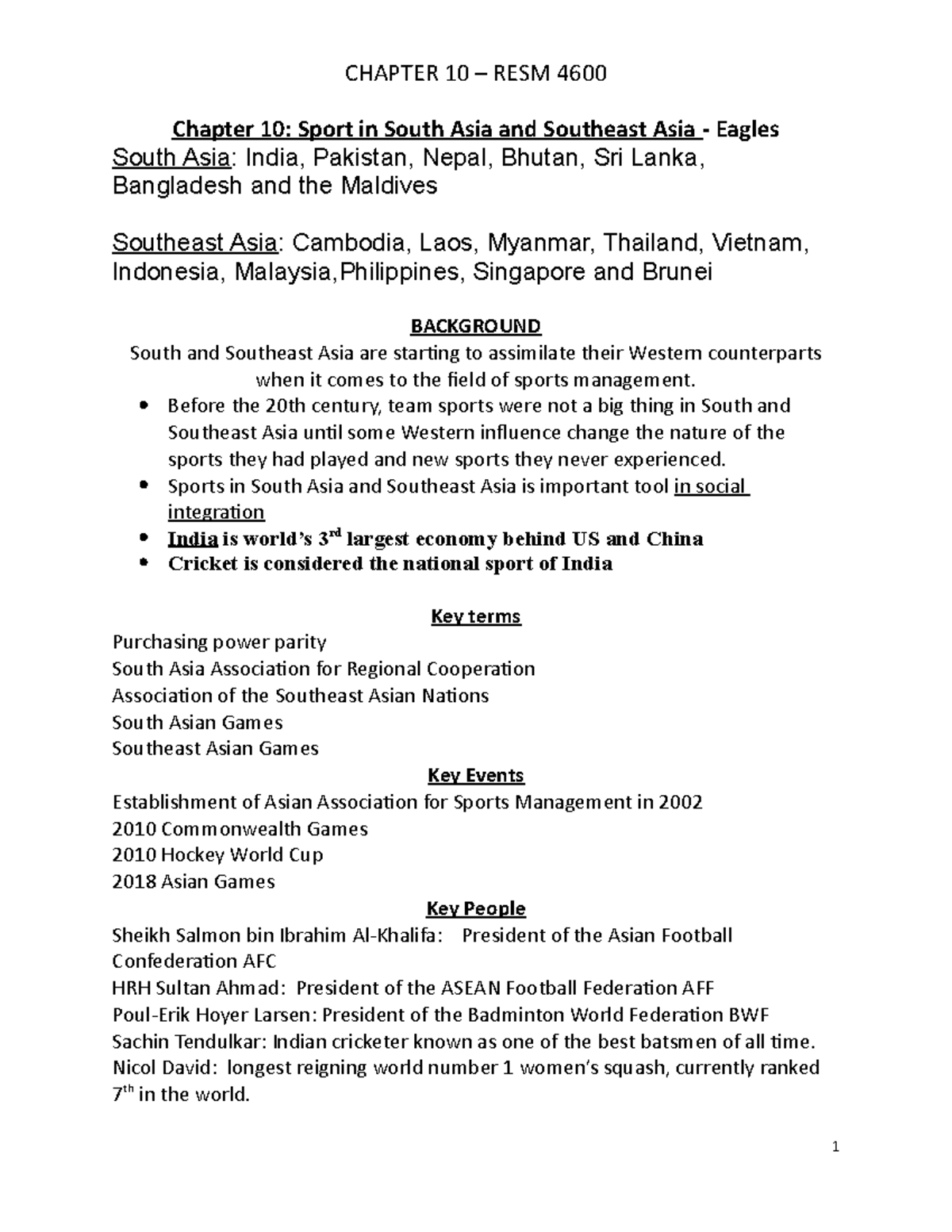 Chapter 10 Keypoints CHAPTER 10 RESM 4600 Chapter 10 Sport in