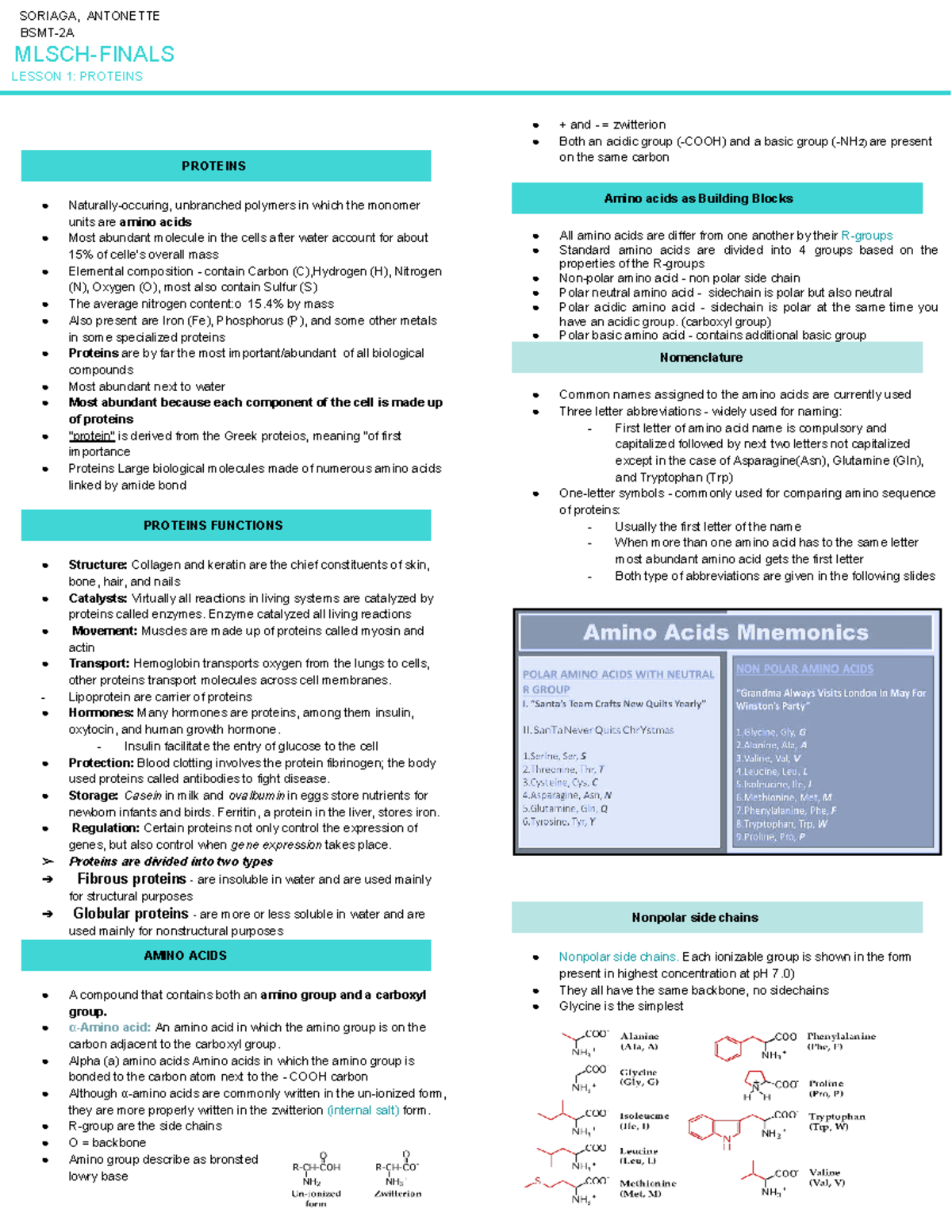 CHEM LEC- Proteins - BSMT-2A MLSCH-FINALS LESSON 1: PROTEINS PROTEINS ...
