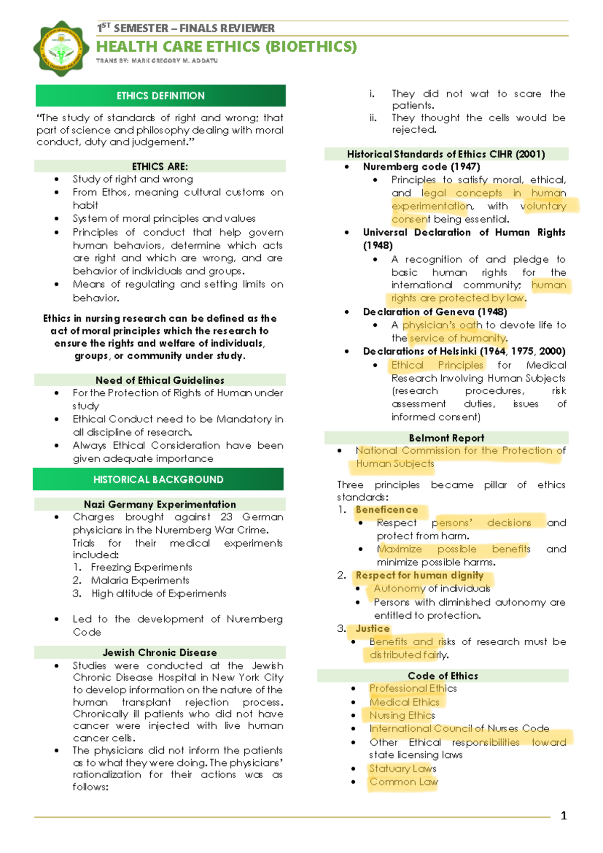 Finals- Bioethics - community health nurzing midterms - HEALTH CARE ...