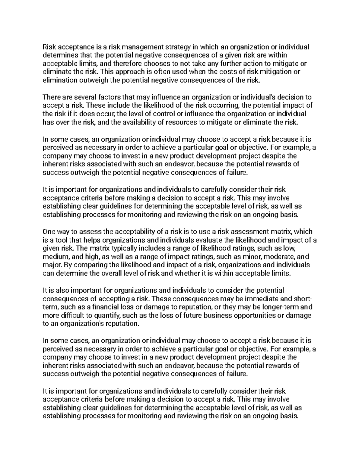 Risk acceptance - lecture notes - Risk acceptance is a risk management ...