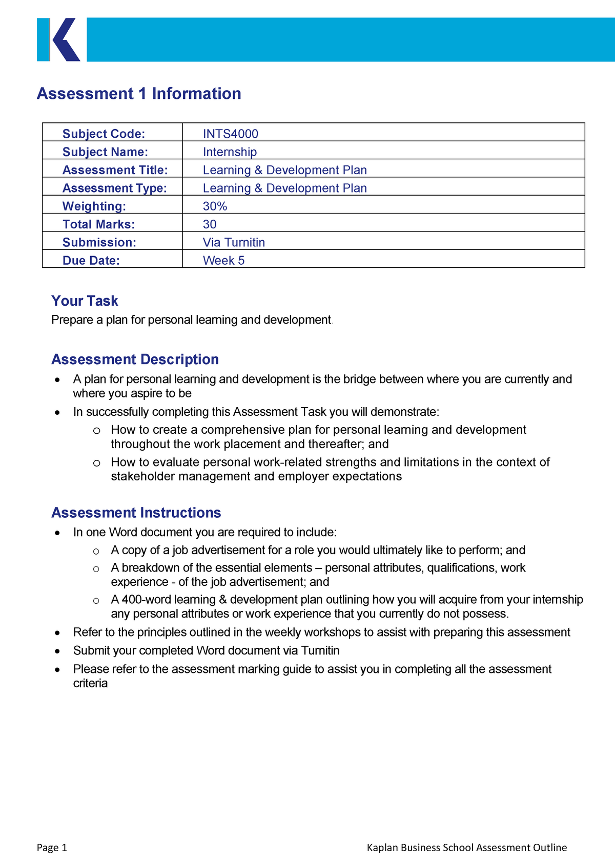 Ints4000 T1 2021 Assessment 1 Outline Requirement - Page 1 Kaplan 