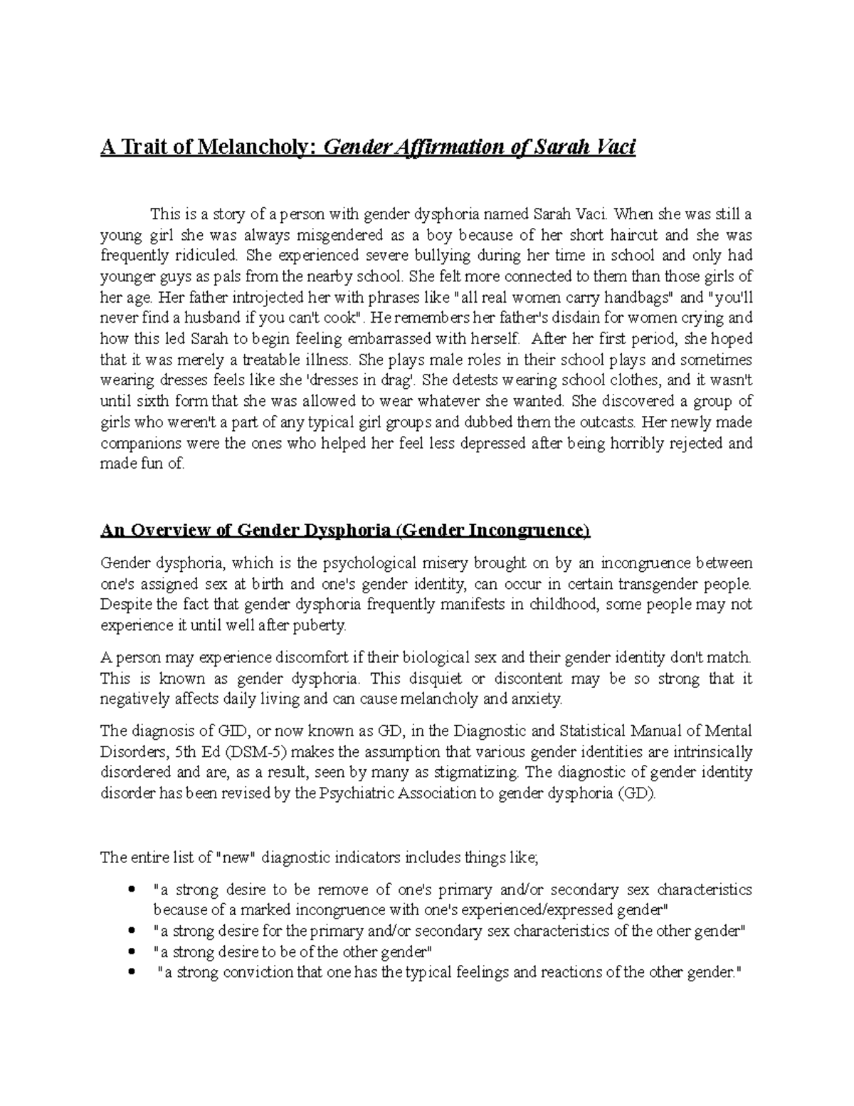 Gender and Identity Case Analysis A Trait of Melancholy Gender