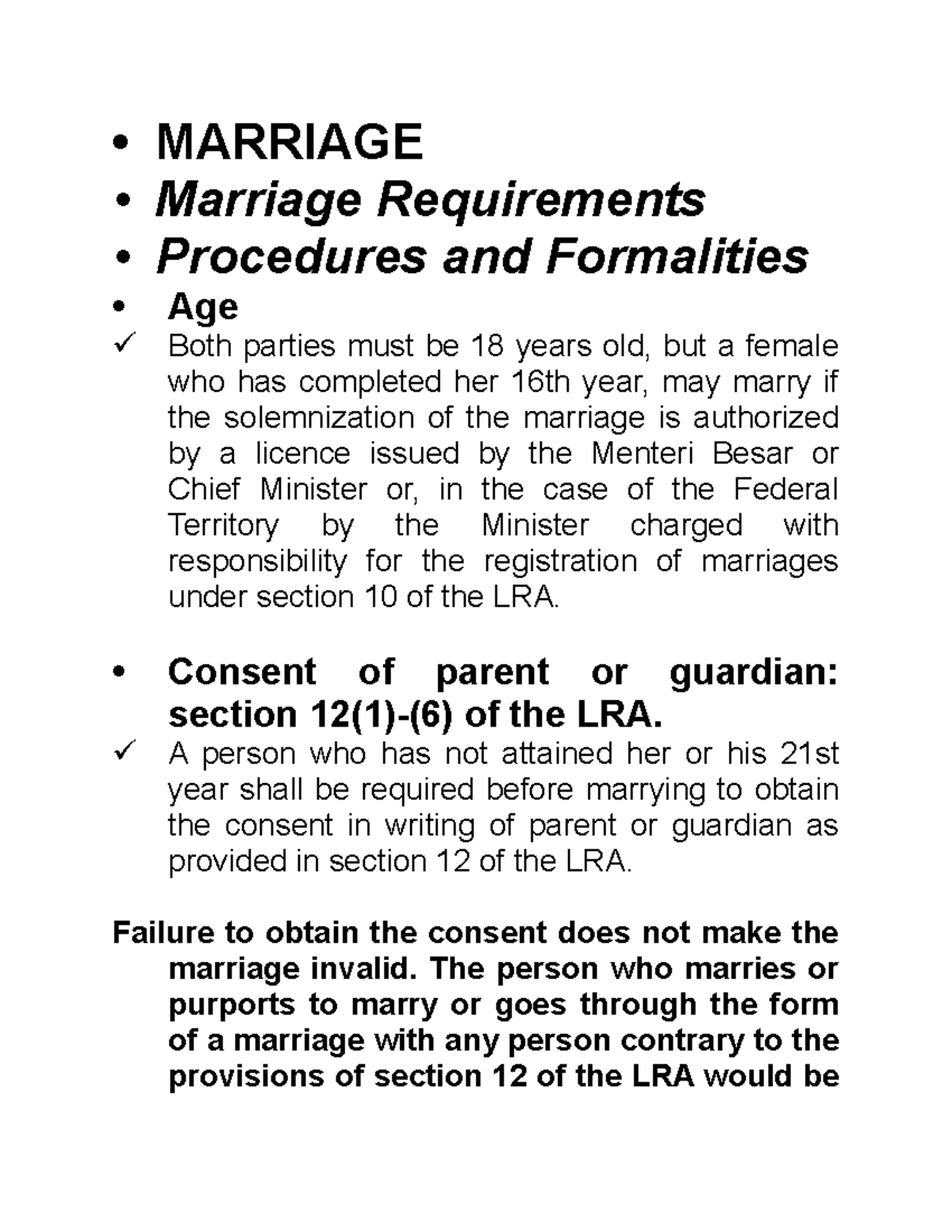 Chapter 3 Family law notes MARRIAGE Marriage Requirements