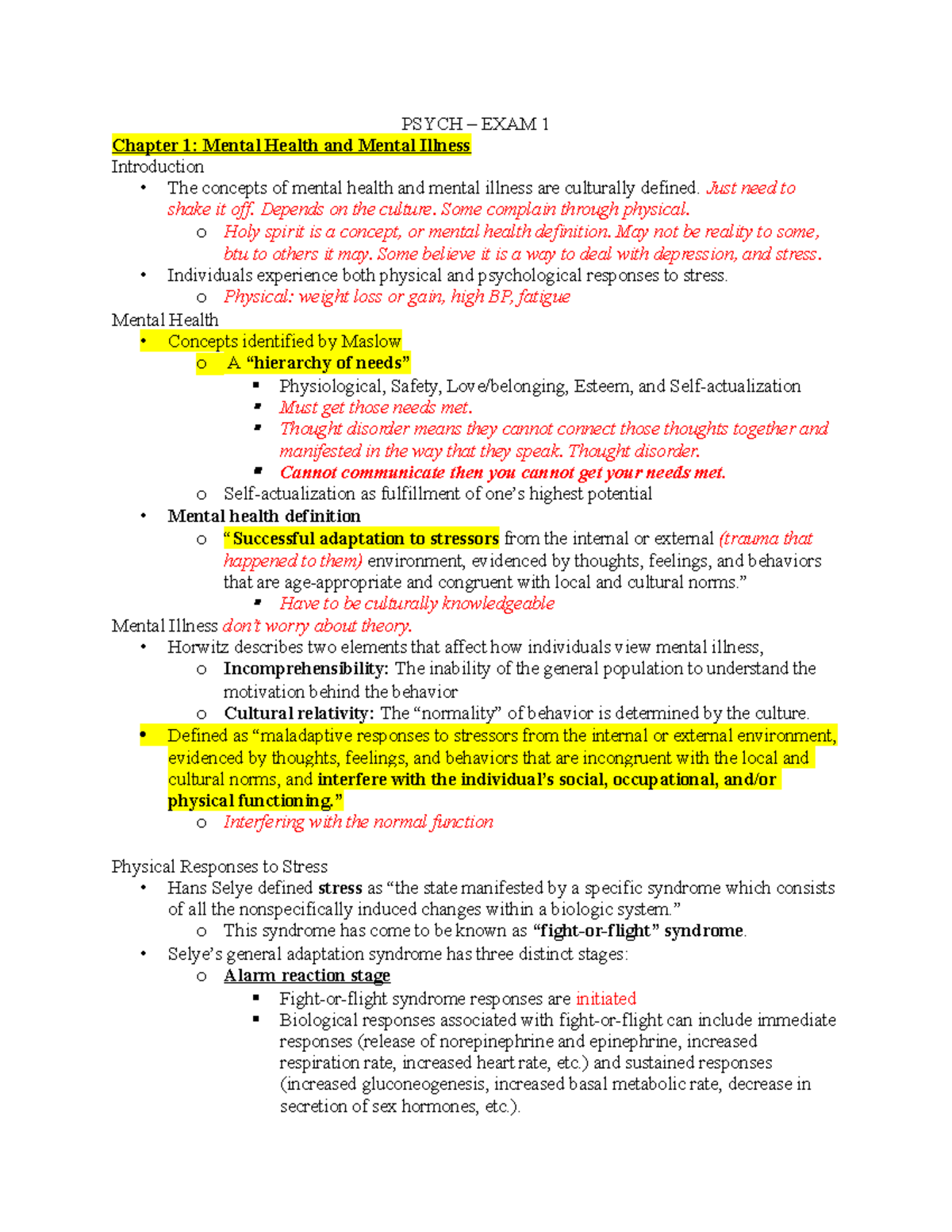 Psych Exam 1 - Mental Health Exam 1 Prep - PSYCH – EXAM 1 Chapter 1 ...