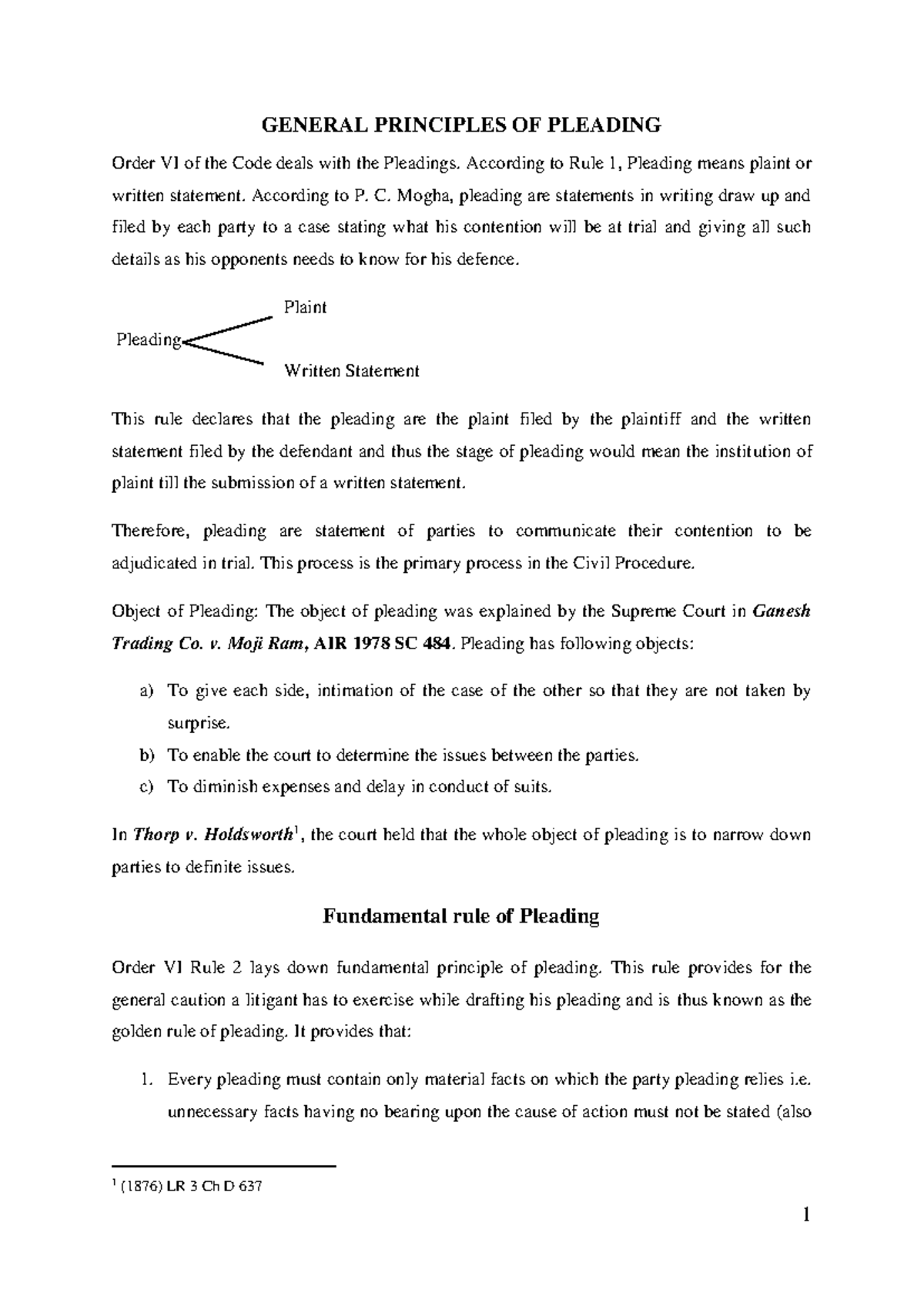 General Principles OF Pleading - GENERAL PRINCIPLES OF PLEADING Order ...