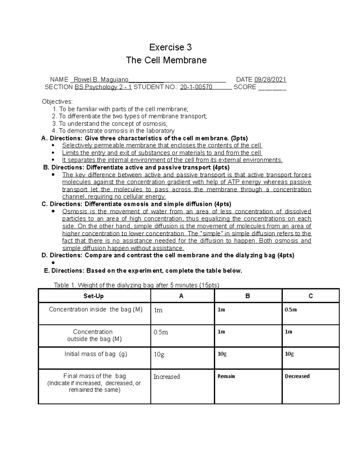 Exercise 3 - The Cell Membranne - Exercise 3 The Cell Membrane NAME ...