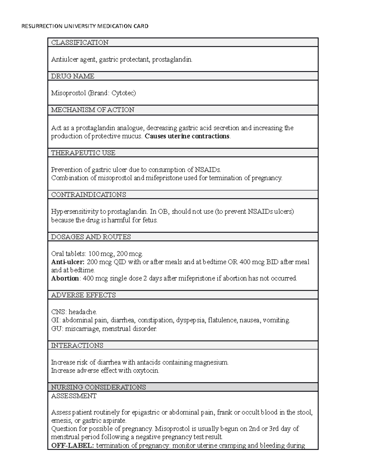Misoprostol - meds - RESURRECTION UNIVERSITY MEDICATION CARD ...