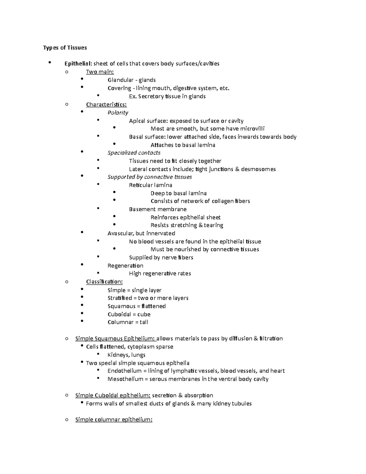 Histology - Lecture notes 4 - Types of Tissues - Studocu