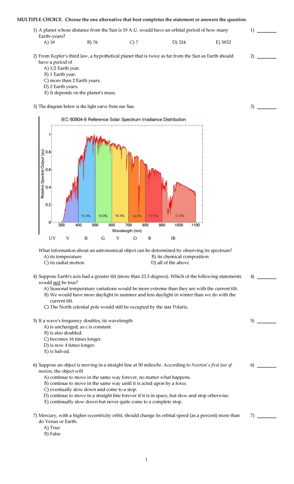 ASTR 114 Exam 1 S18 Version A - MULTIPLE CHOICE. Choose The One ...