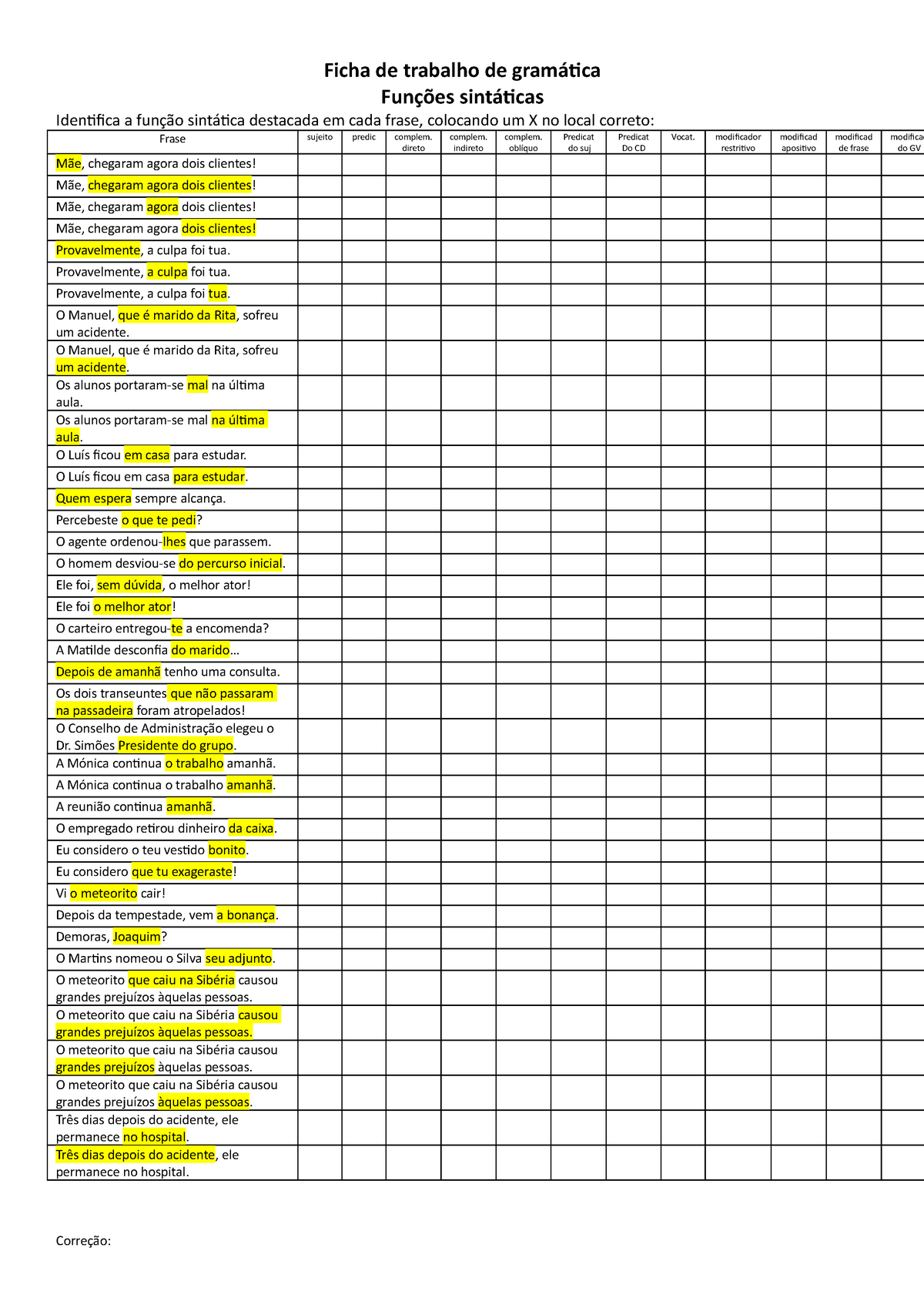 Ficha Apoio Funcoes Sintaticas, PDF, Assunto (gramática)