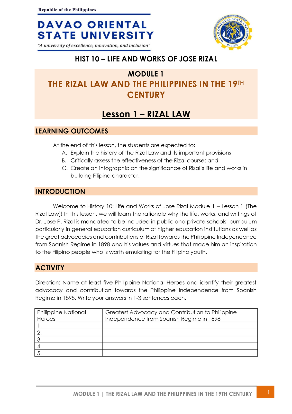 History 10 Prelim Module 1 - HIST 10 – LIFE AND WORKS OF JOSE RIZAL ...