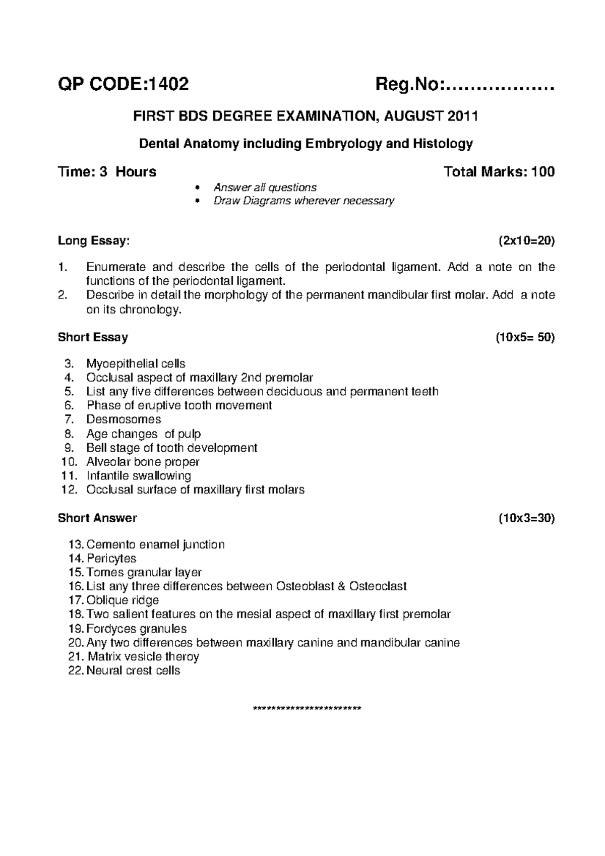 Exam June 2011, questions QP CODE1402 Reg……………… FIRST BDS DEGREE