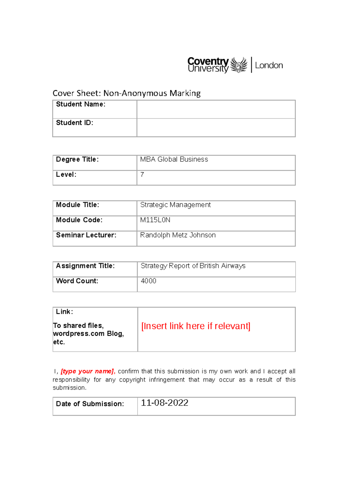 customer strategy analysis - Cover Sheet: Non-Anonymous Marking Student ...