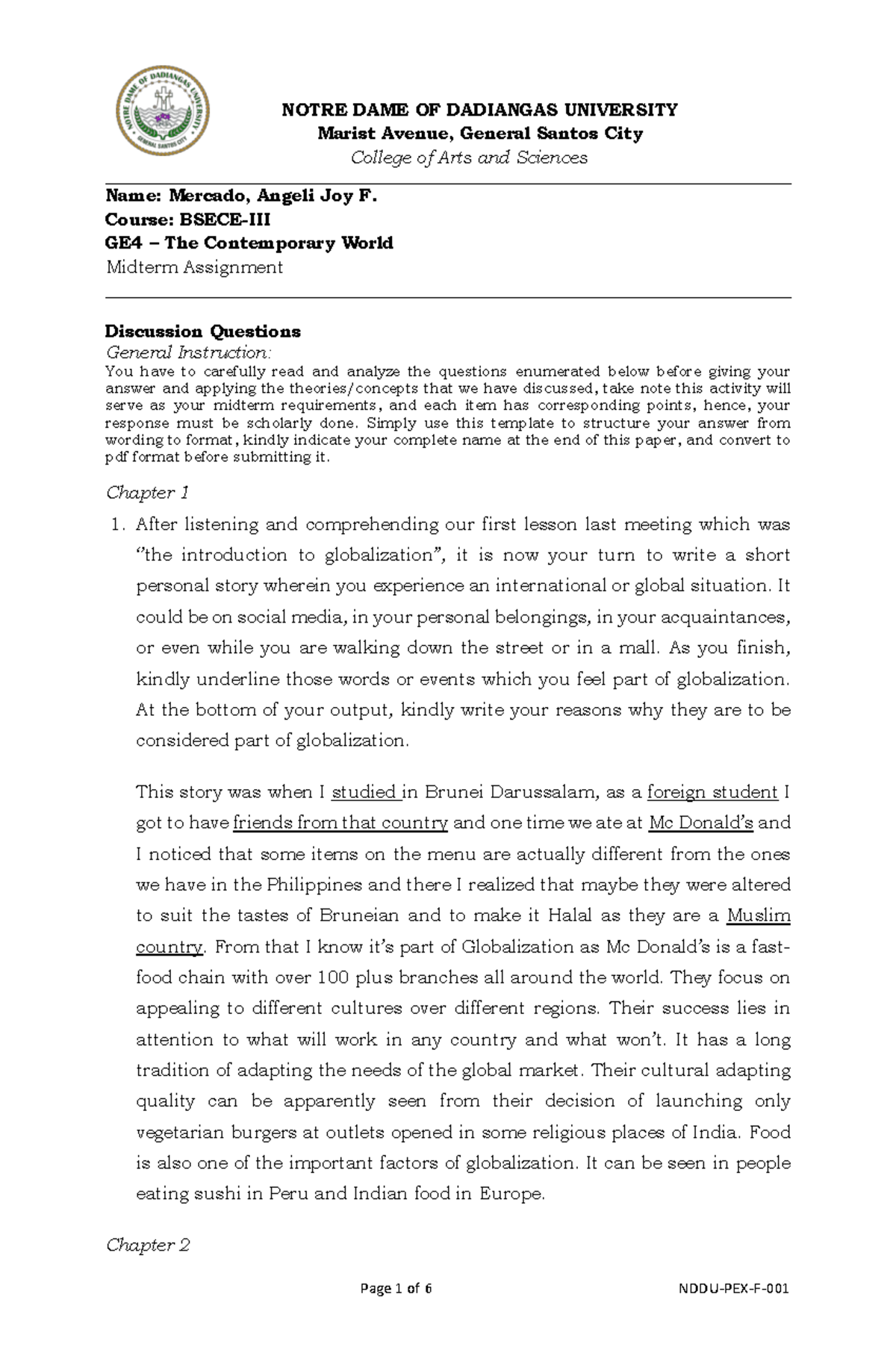 Mercado GE4 Midterm Requirements NOTRE DAME OF DADIANGAS UNIVERSITY