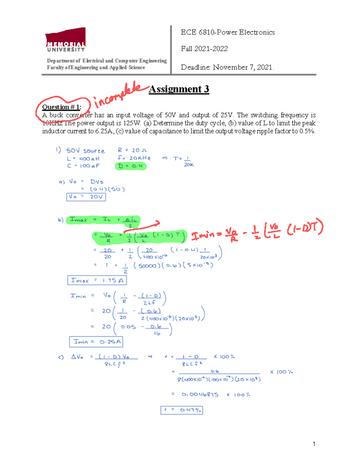 Assignment 3 Solution Power Electronics - Engi 6856 - Memorial ...