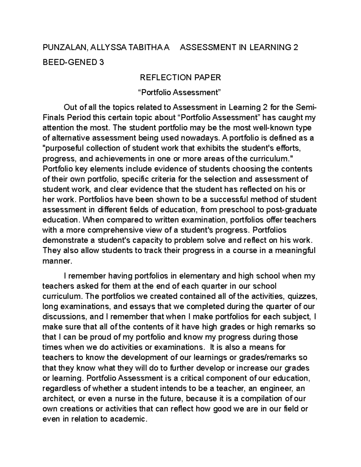 Reflection Paper Sf Punzalan Assess 2 Punzalan Allyssa Tabitha A Assessment In Learning 2 0983