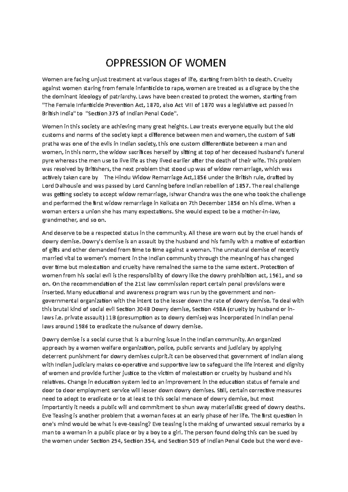 Oppression OF Women abc OPPRESSION OF WOMEN Women are facing unjust treatment at various