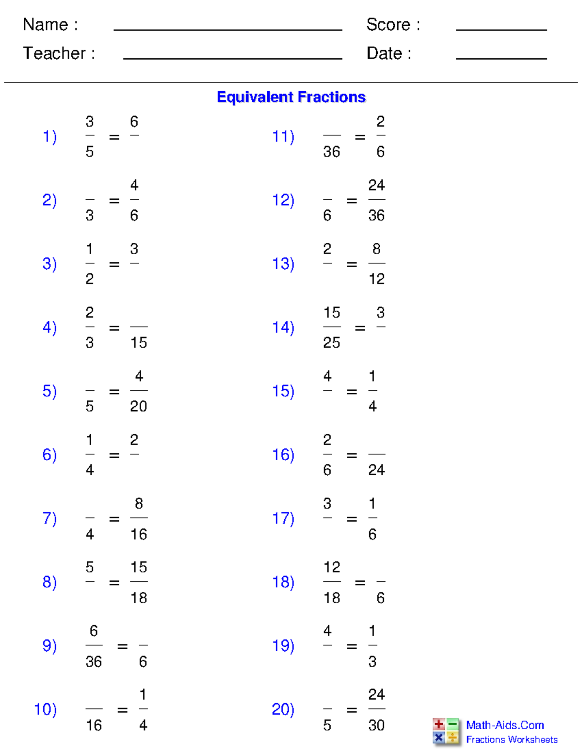 Reegan Rawlake - equivalent fraction problems page - Name : Teacher ...