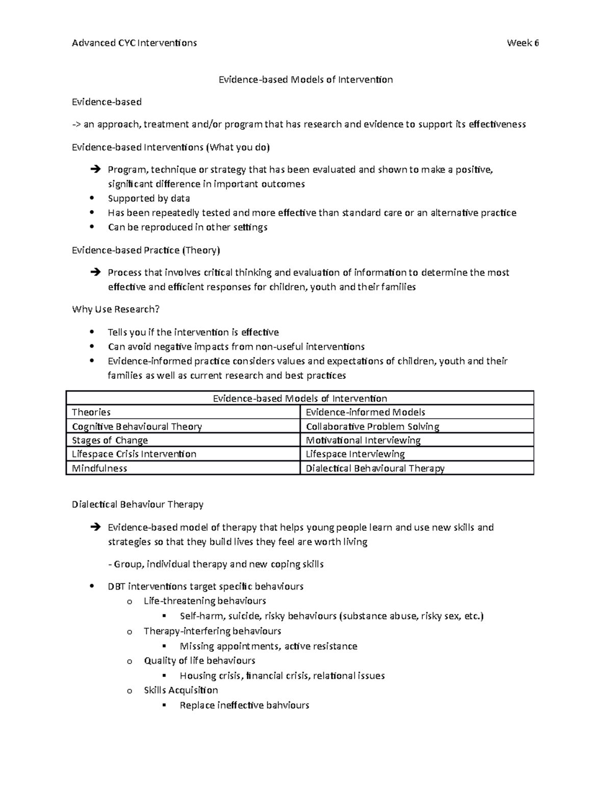 Advanced CYC Interventions - Evidence-based Models - Week 6 - Advanced ...