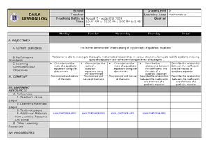 Daily Lesson Log in Mathematics - DAILY LESSON LOG School Grade Level ...