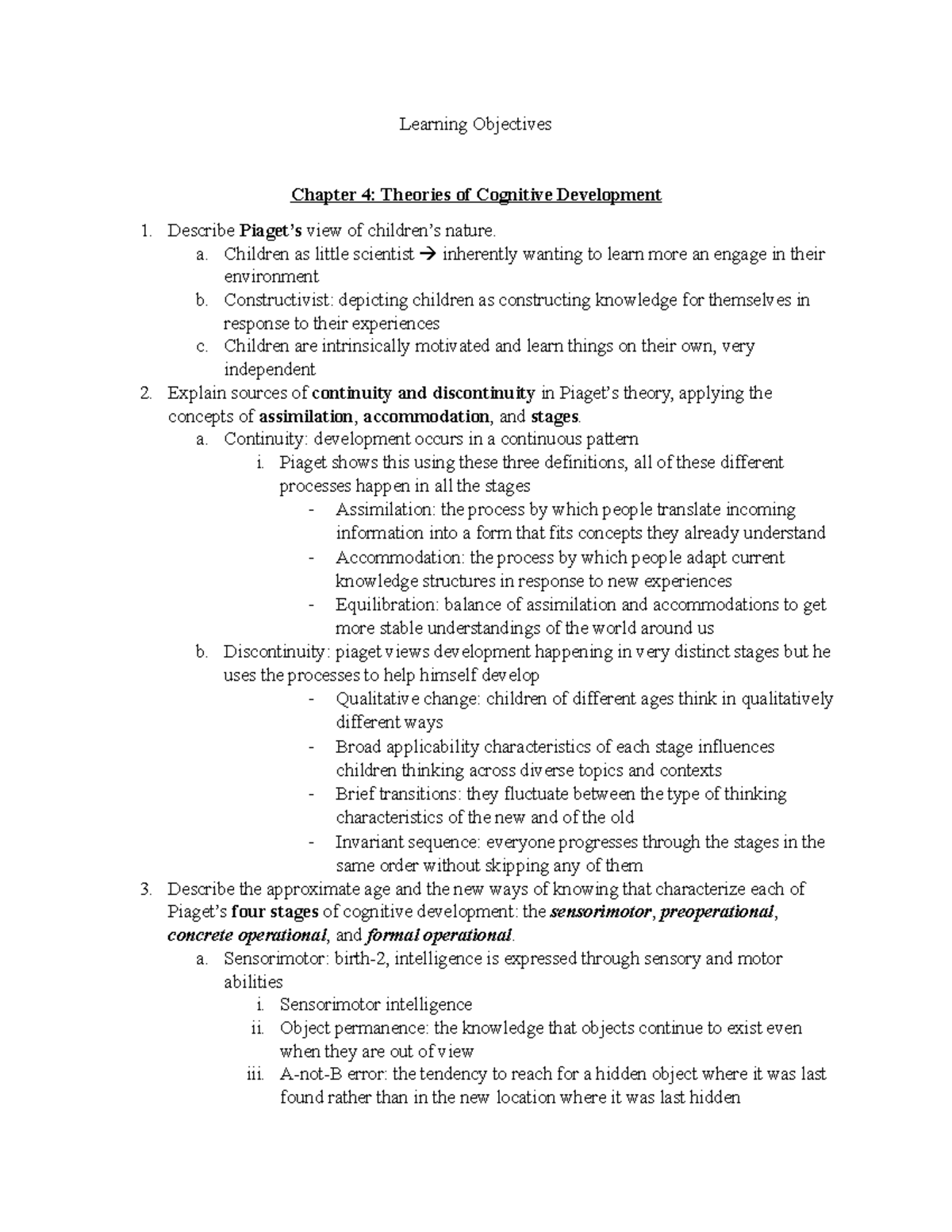 Learning Objectives Chapter 4 - Describe Piaget’s view of children’s ...