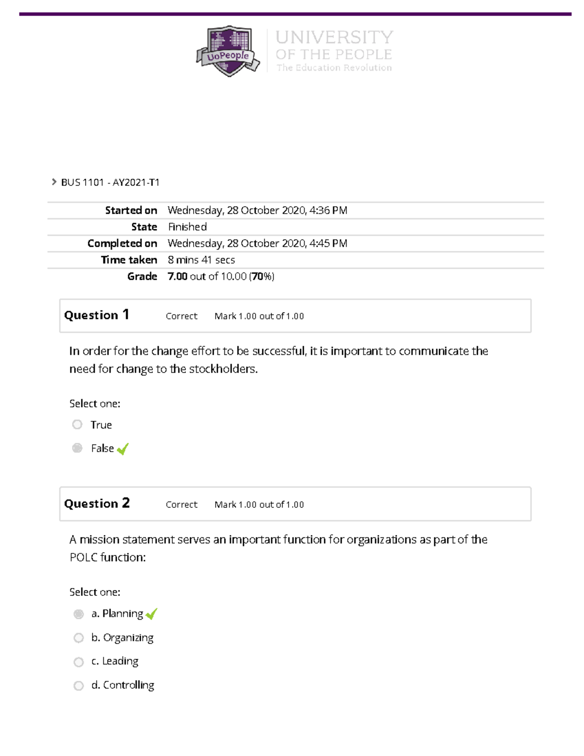 BUS 1101 - Principles Of Business Management Self-Quiz Unit 8 - Started ...