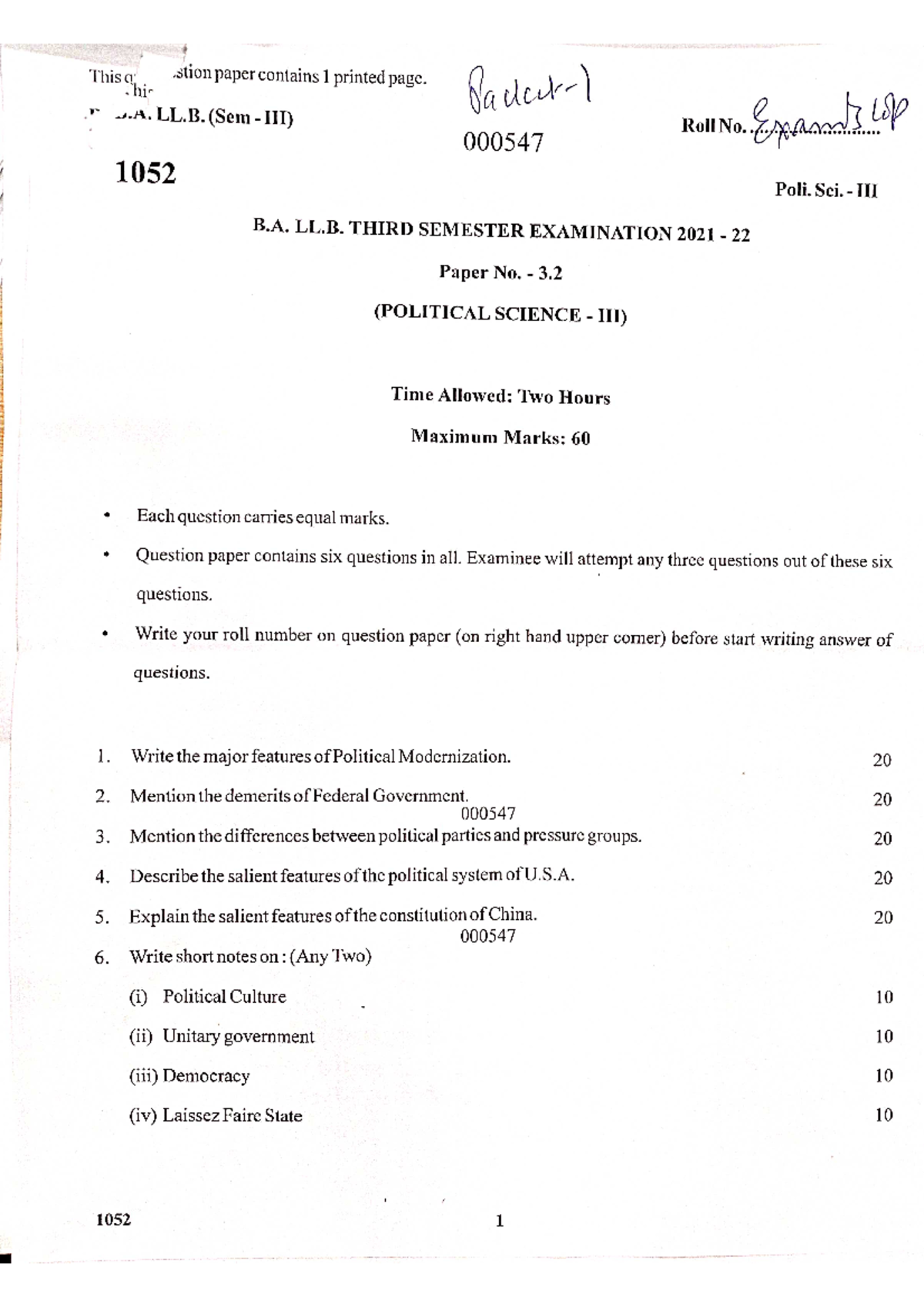1052 - Question - This a stion paper contains 1 printed page. A. LL ...