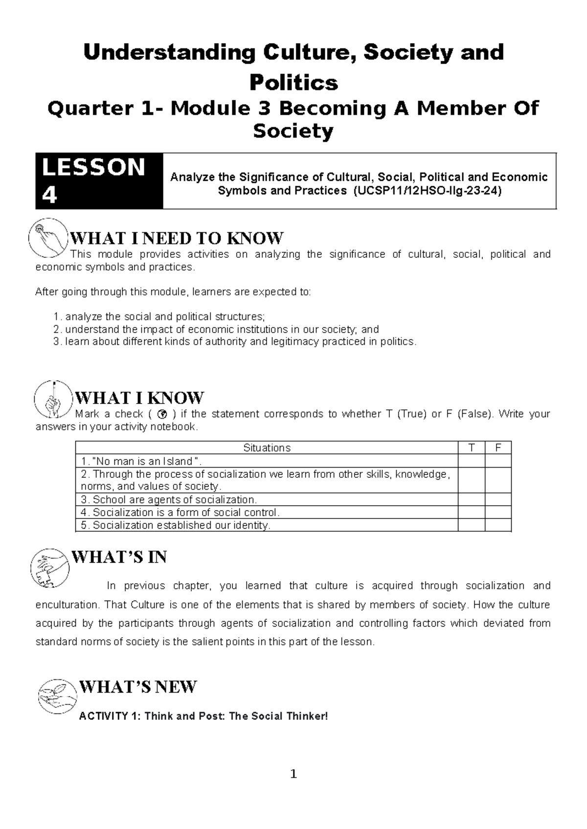 UCSP-Q1W3 - UCSP HANDOUT - Understanding Culture, Society and Politics ...