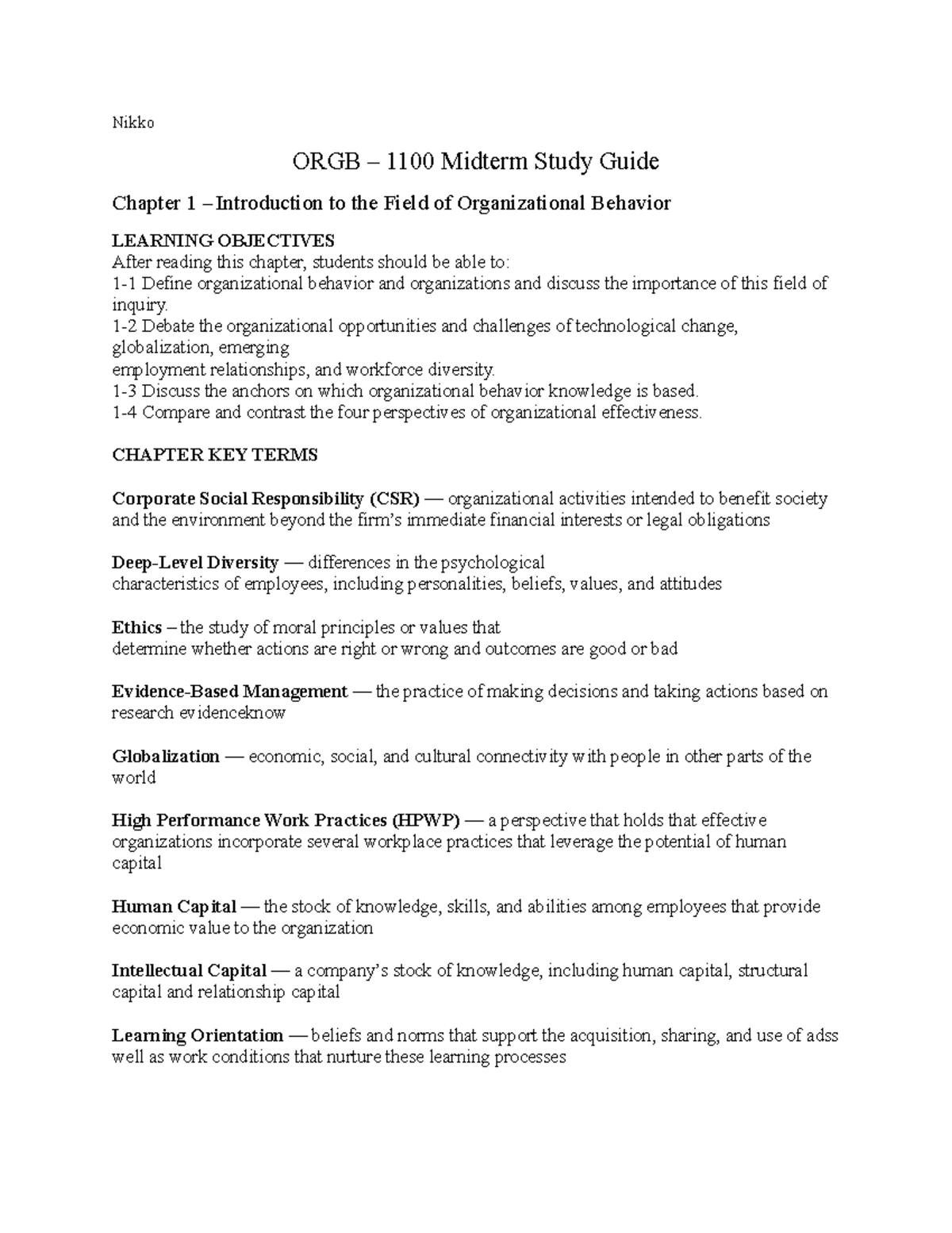 ORGB – 1100 Midterm Study Guide - Nikko ORGB – 1100 Midterm Study Guide ...
