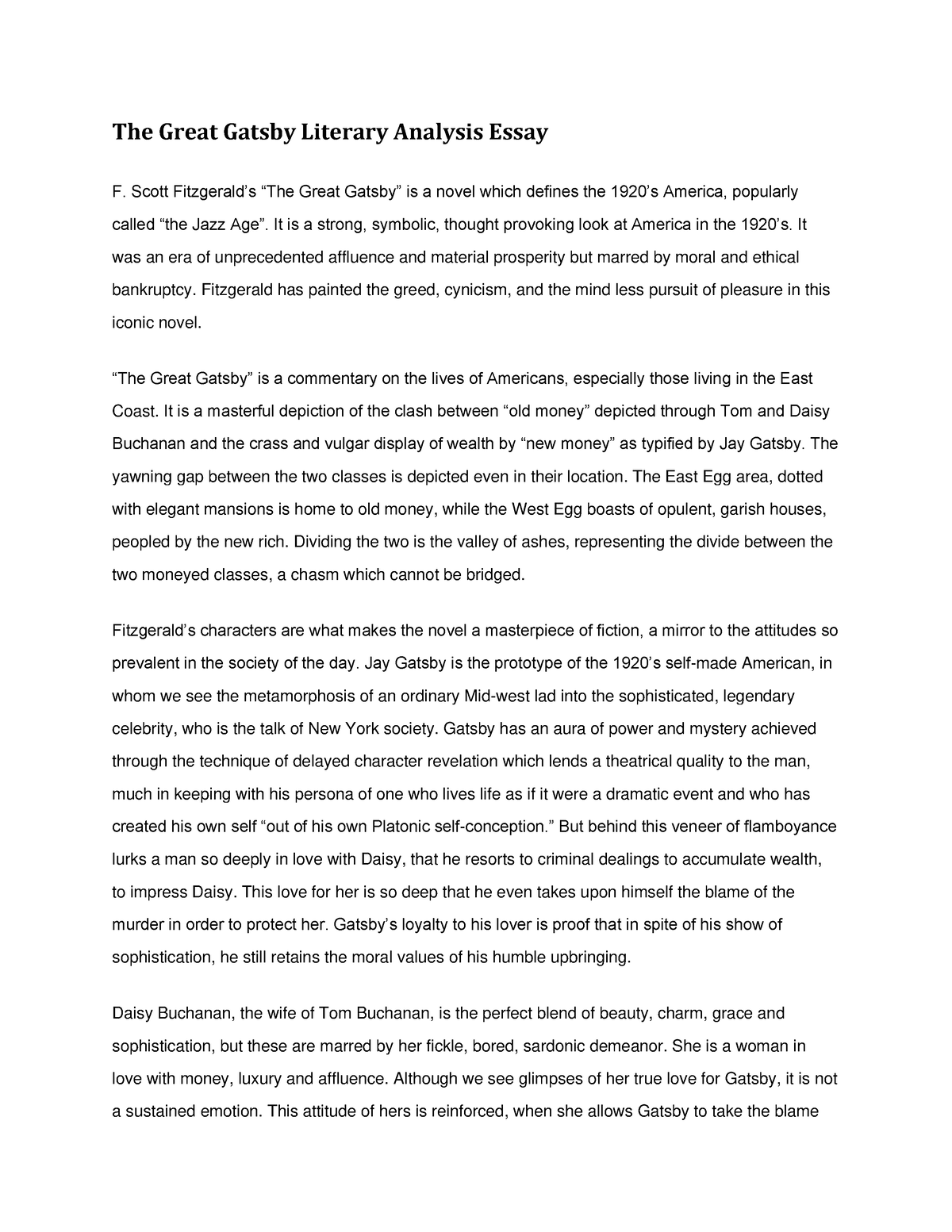 5 paragraph essay on the great gatsby