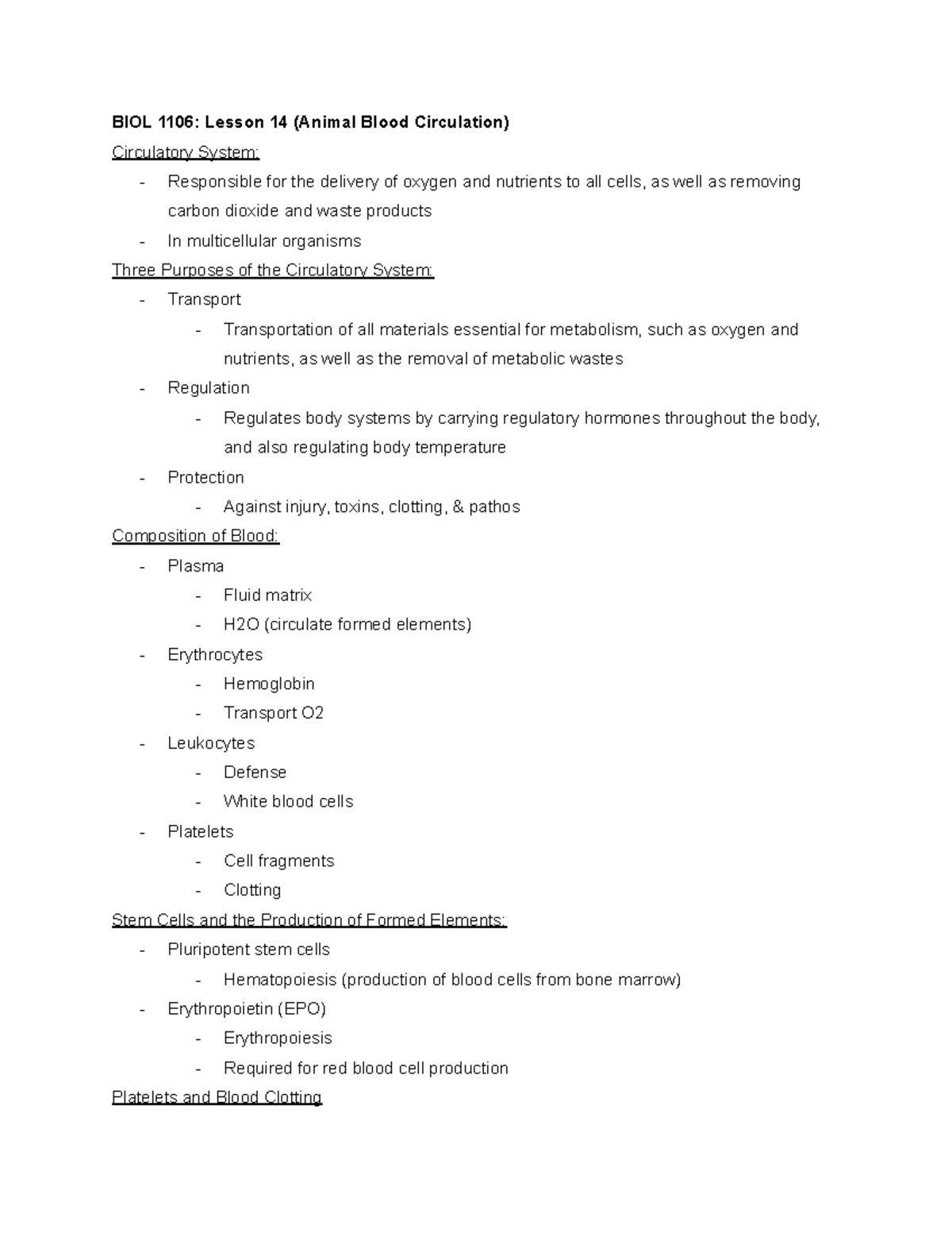 Biology 1106 Lesson 14 (Animal Blood Circulation) BIOL 1106 Lesson