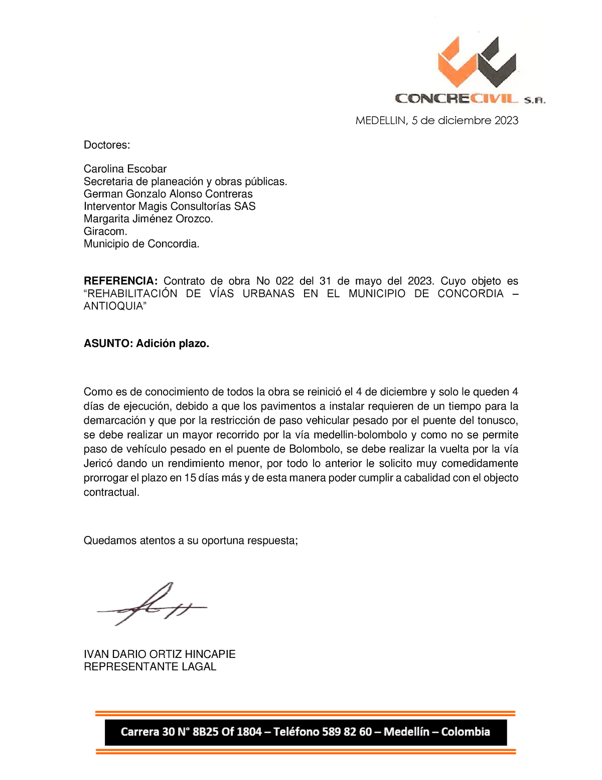 Oficio Prorroga 2 Medellin 5 De Diciembre 2023 Doctores Carolina Escobar Secretaria De 3807