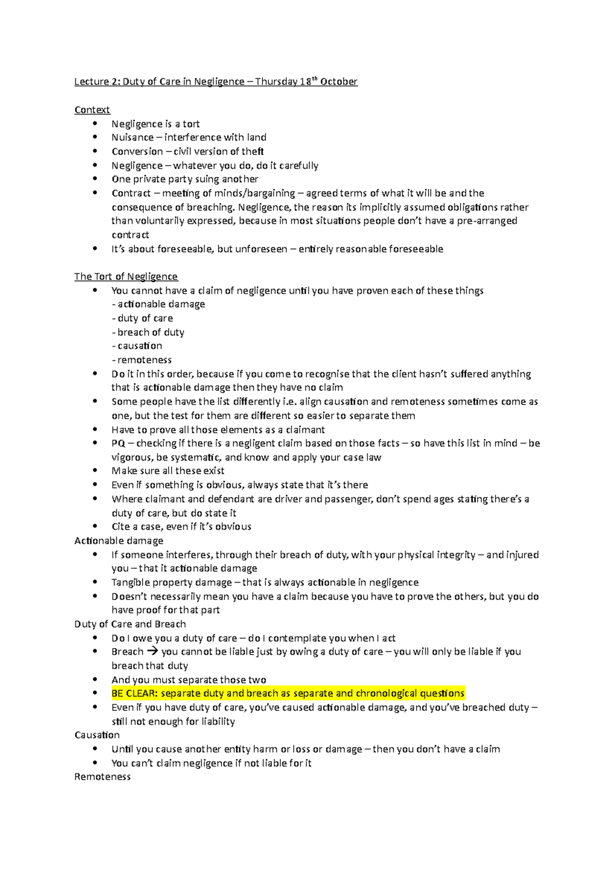 tort lecture 2 notes - Lecture 2: Duty of Care in Negligence – Thursday ...