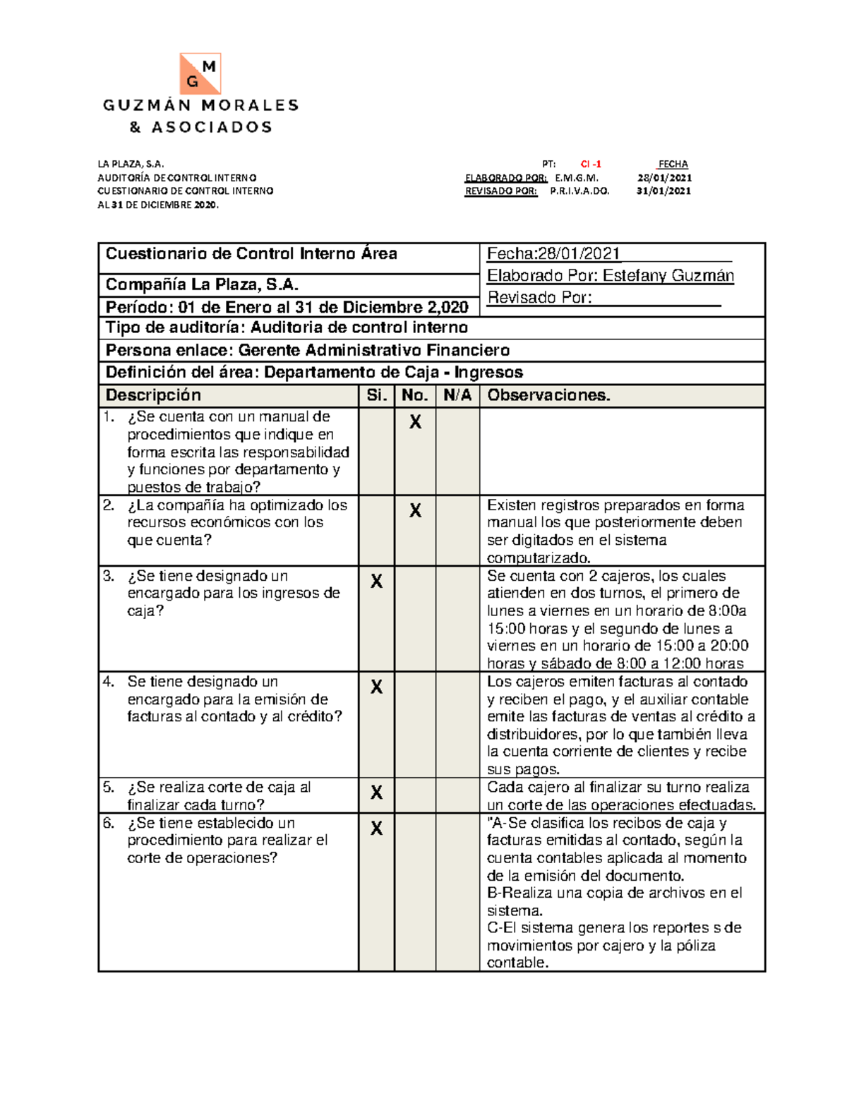 B - Detalle del informe de auditoria de control interno - AUDITORÍA DE ...