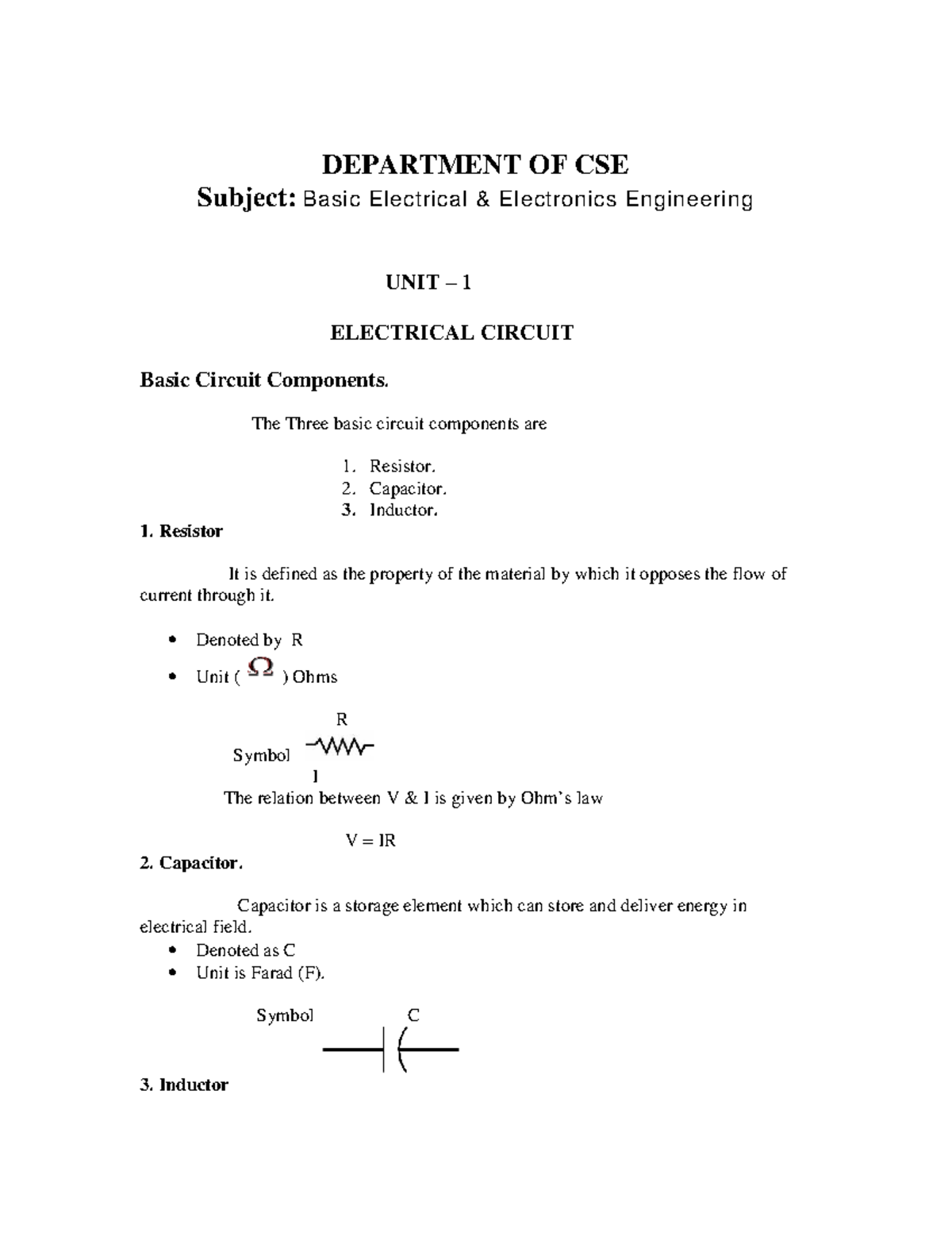 Basic Electrical And Electronics Engineering Lecture Notes - DEPARTMENT ...