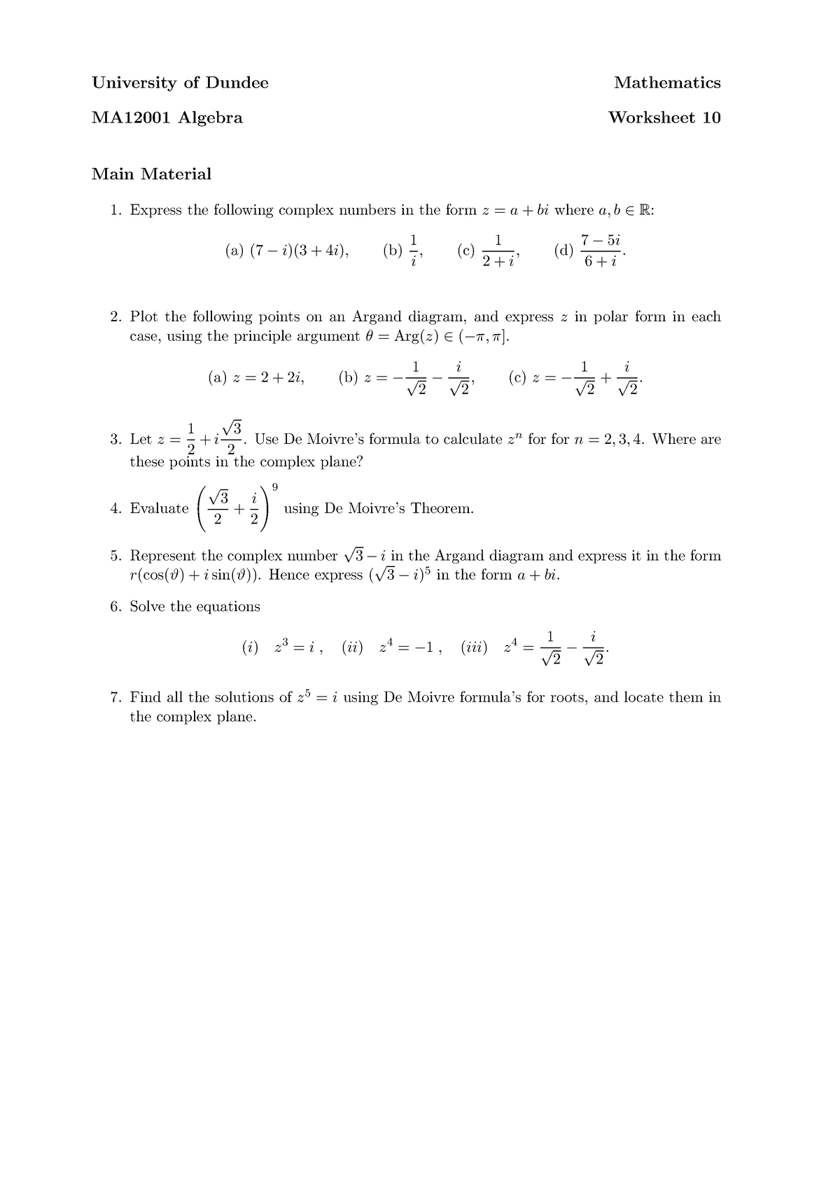 Maths 1B Algebra Worksheet 10 - MA12001 - Dundee - Studocu