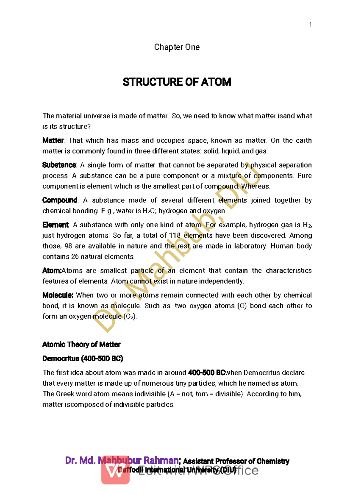 Atomic-structure - Atomic structure - Dr. Mahbub, DIU Dr. Md. Mahbubur ...