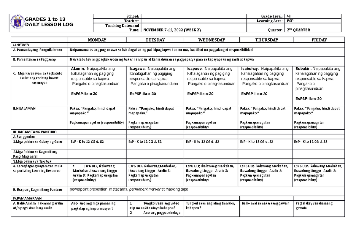 DLL ESP 6 Q2 W1 - thanks - GRADES 1 to 12 DAILY LESSON LOG School ...