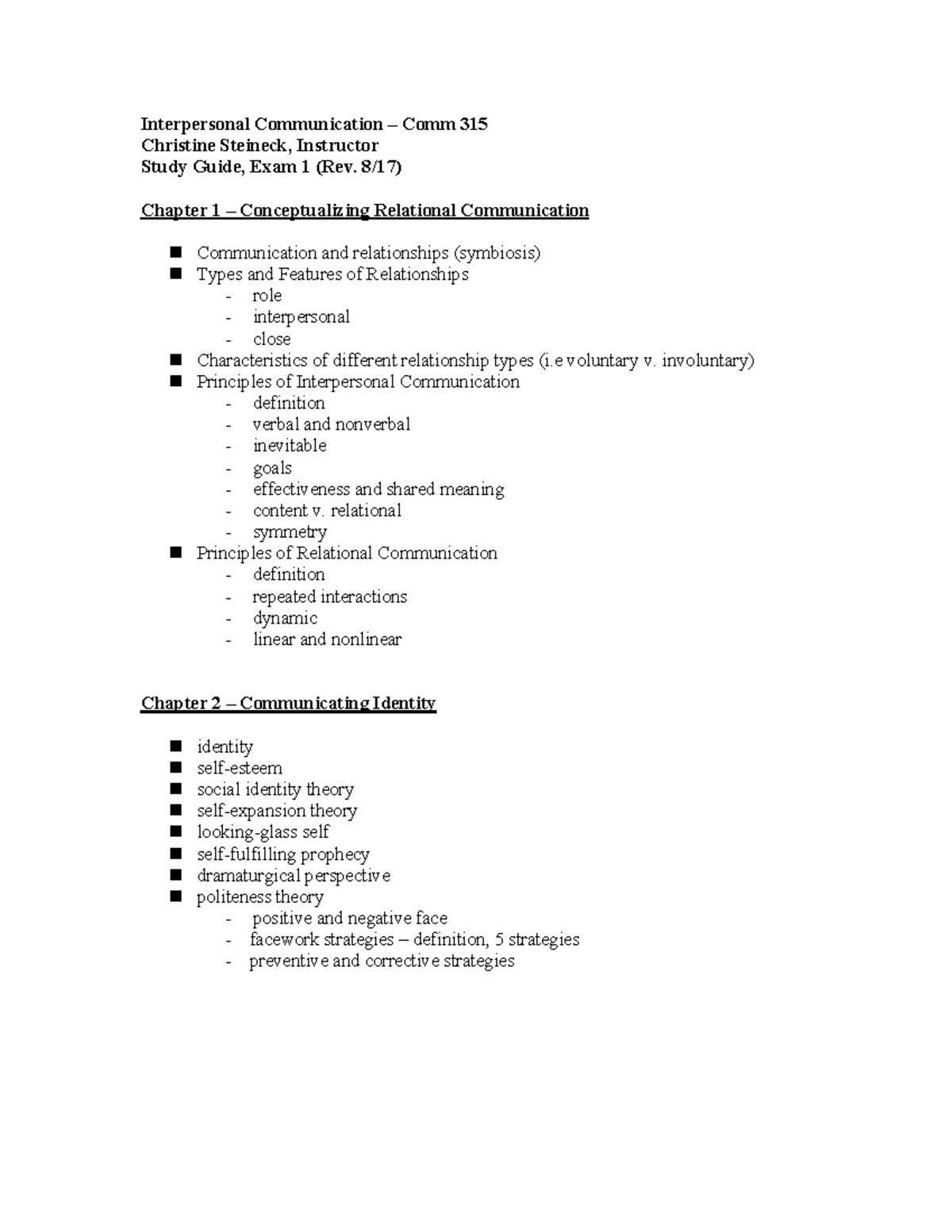 Exam One - Steineck - Interpersonal Communication Comm 315 Christine ...