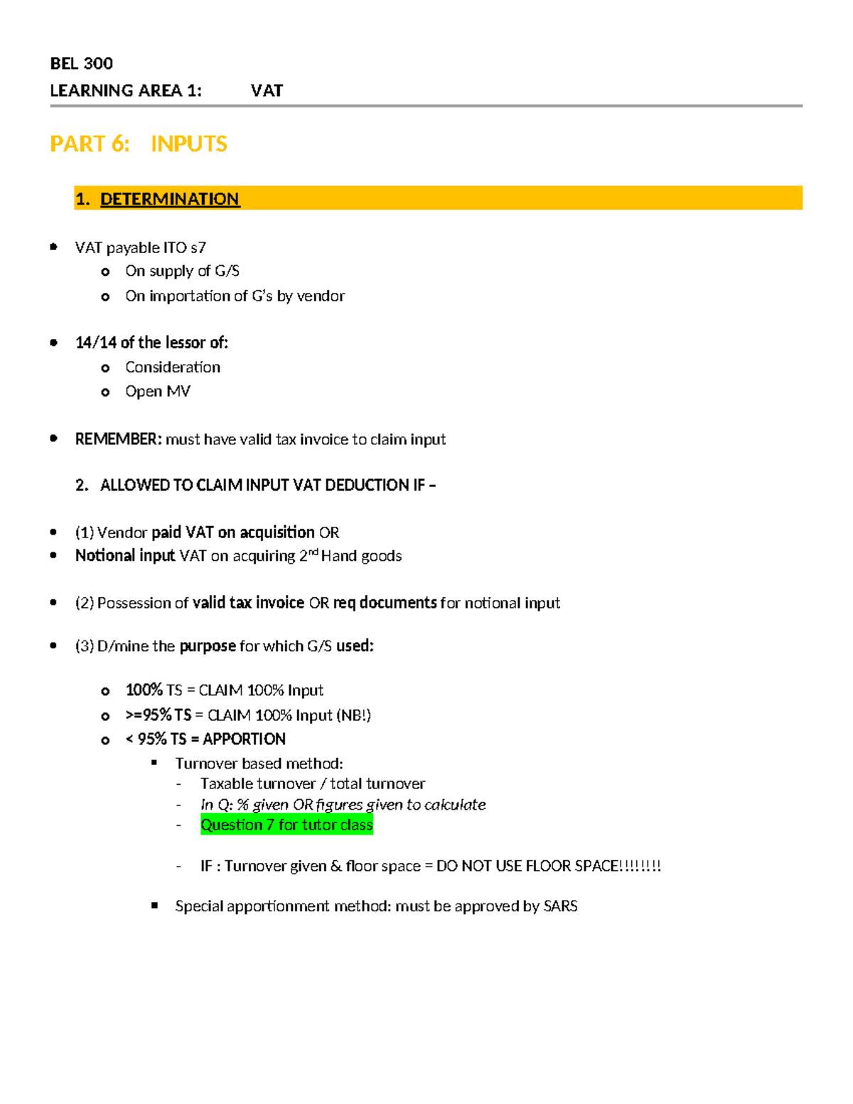 VAT notes part 6 - Summary Taxation III - BEL 300 LEARNING AREA 1: VAT ...