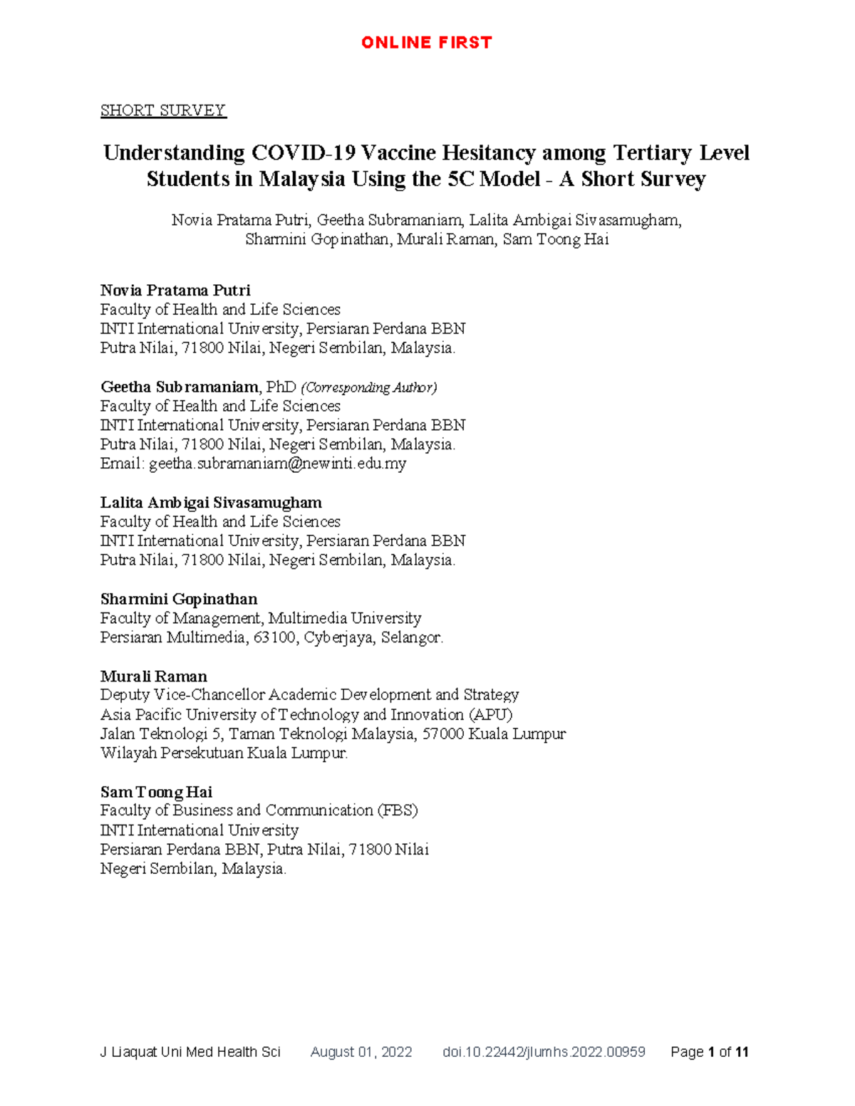 Understanding Covid-19 vaccine hesitancy among tertiary level students ...